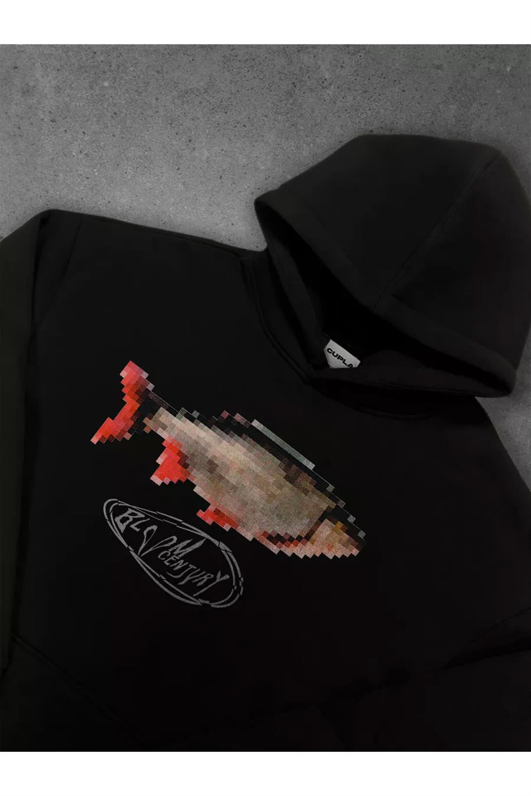 Unisex Pixel Fish Sweatshirt Siyah