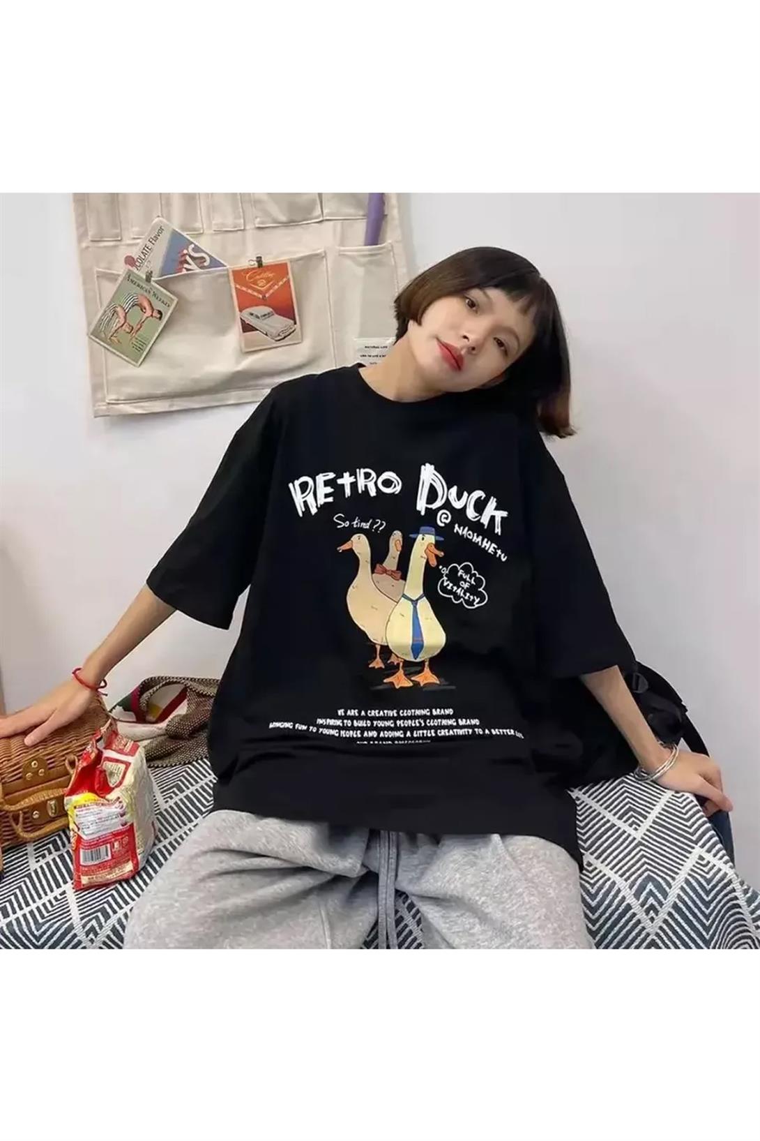 Unisex Retro Duck Tshirt Siyah