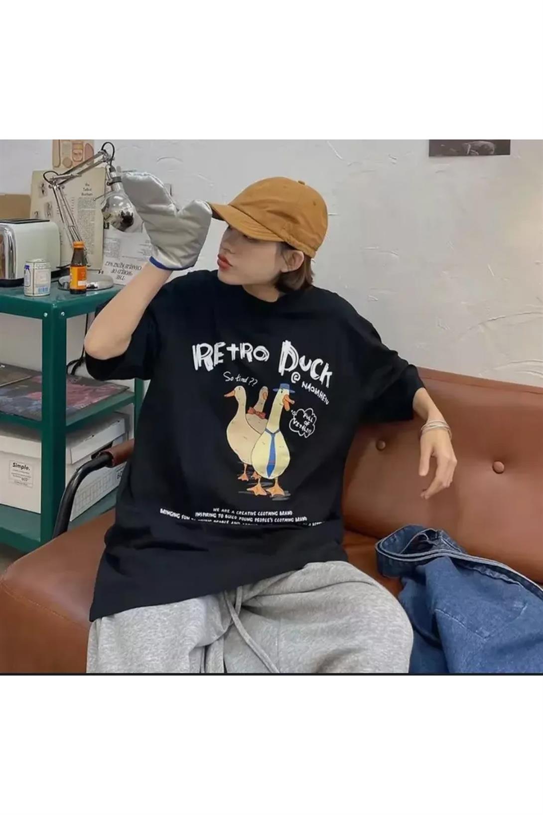 Unisex Retro Duck Tshirt Siyah