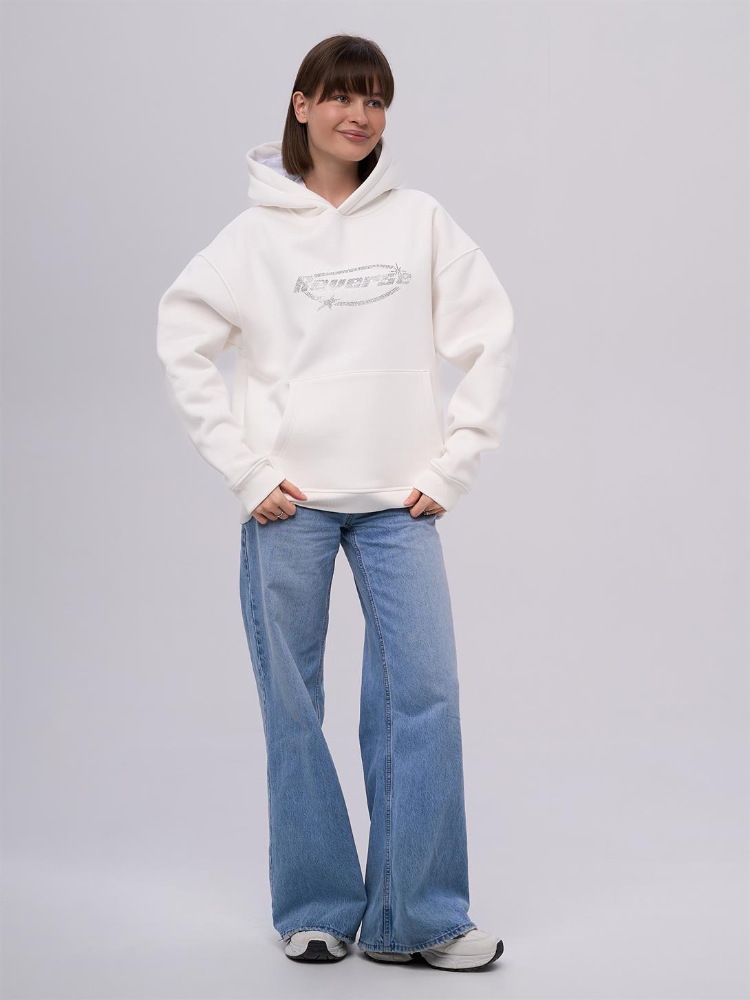 Unisex Reverse Taş Baskılı Sweatshirt Beyaz