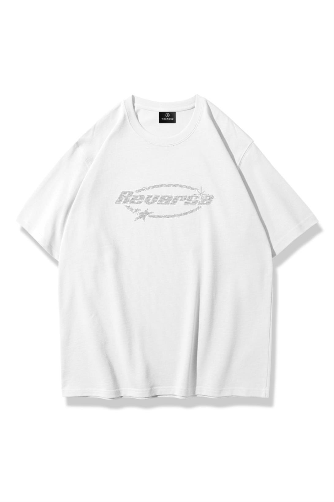 Unisex Reverse Taş Baskılı Tshirt Beyaz