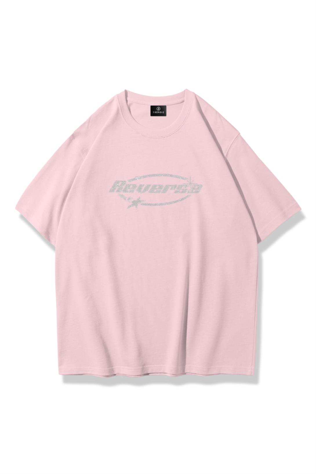Unisex Reverse Taş Baskılı Tshirt Pembe