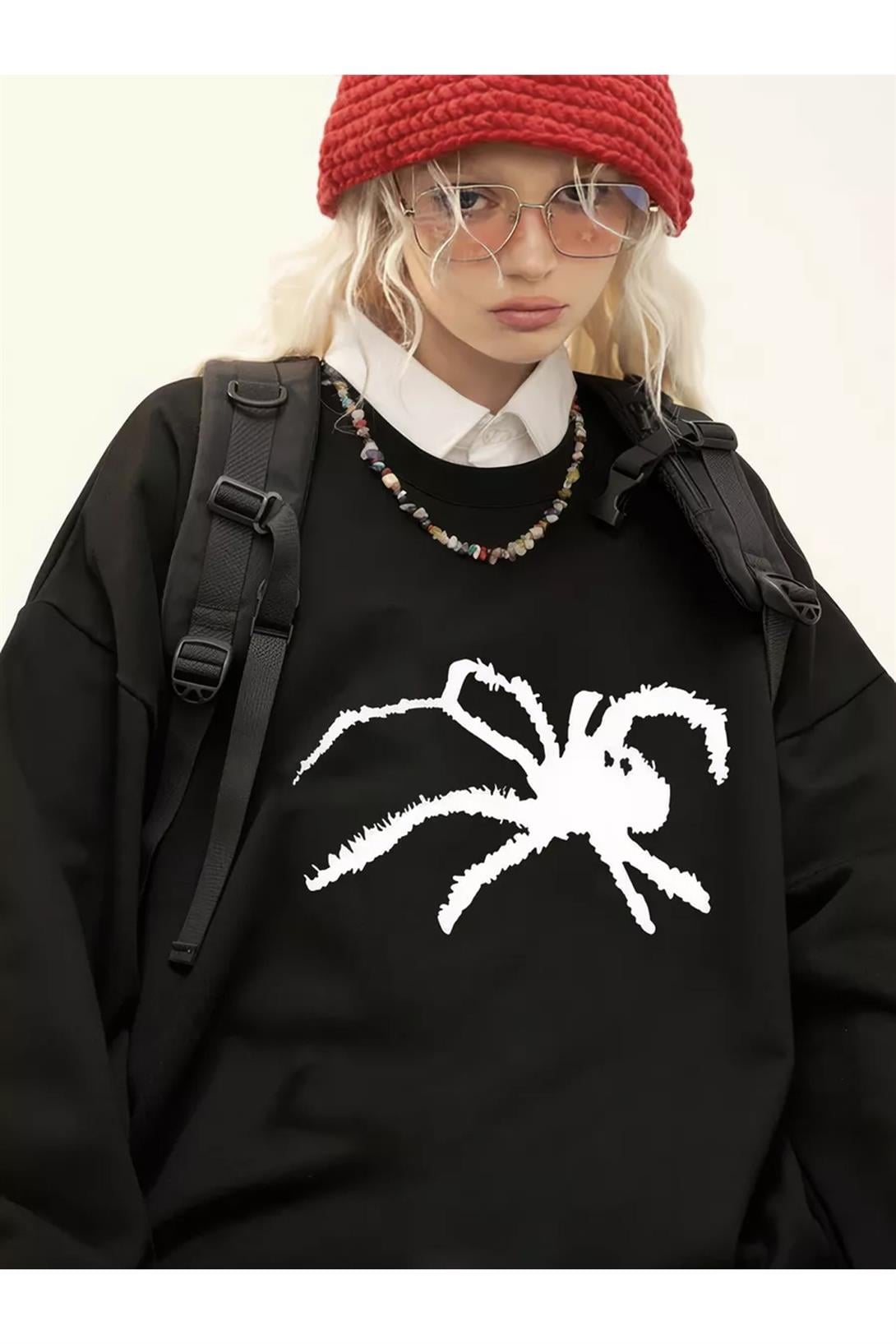 Unisex Spider Bisiklet Yaka Sweatshirt Siyah