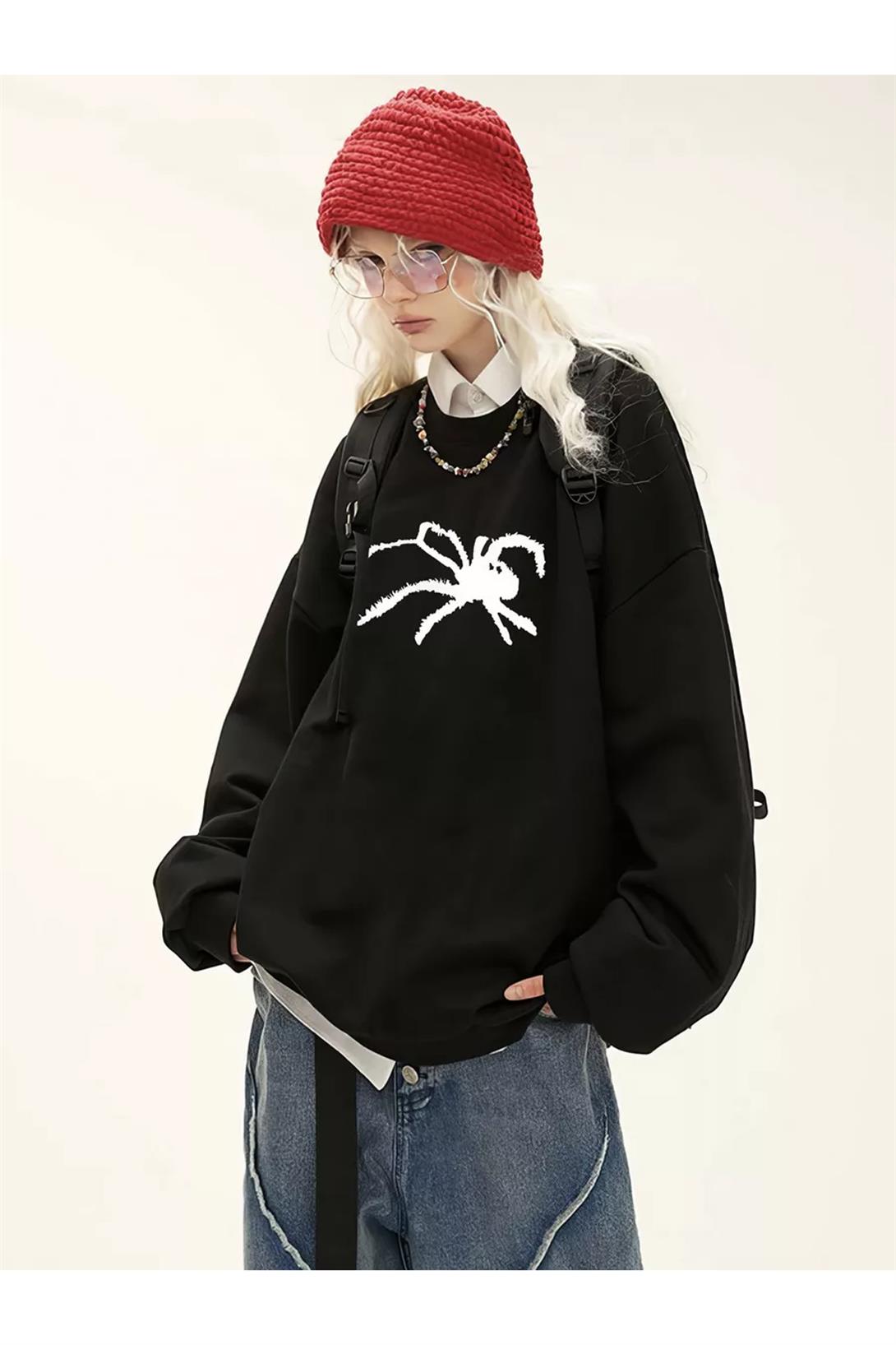 Unisex Spider Bisiklet Yaka Sweatshirt Siyah