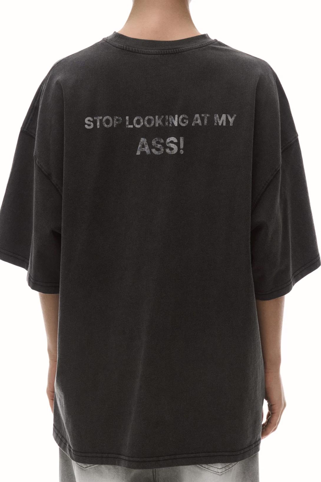 Unisex Stop Looking at My Ass Yıkamalı Tshirt Antrasit