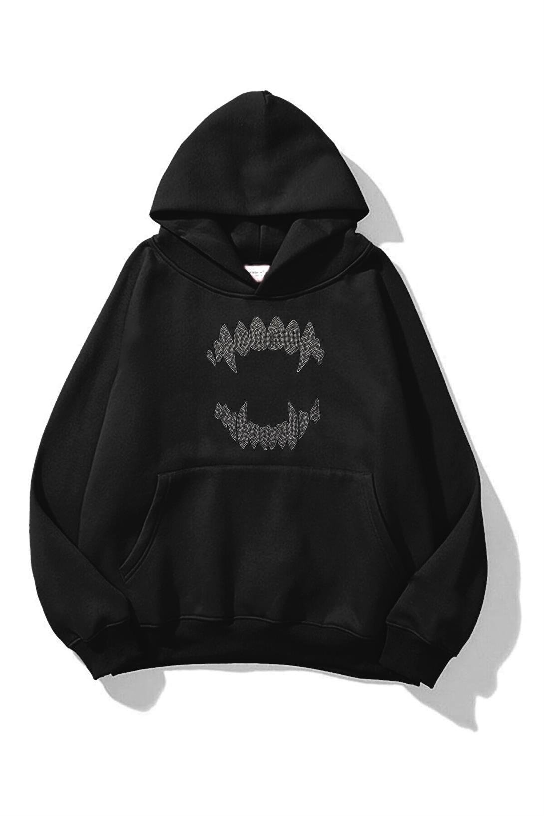 Unisex Teeth Taş Baskılı Sweatshirt Siyah