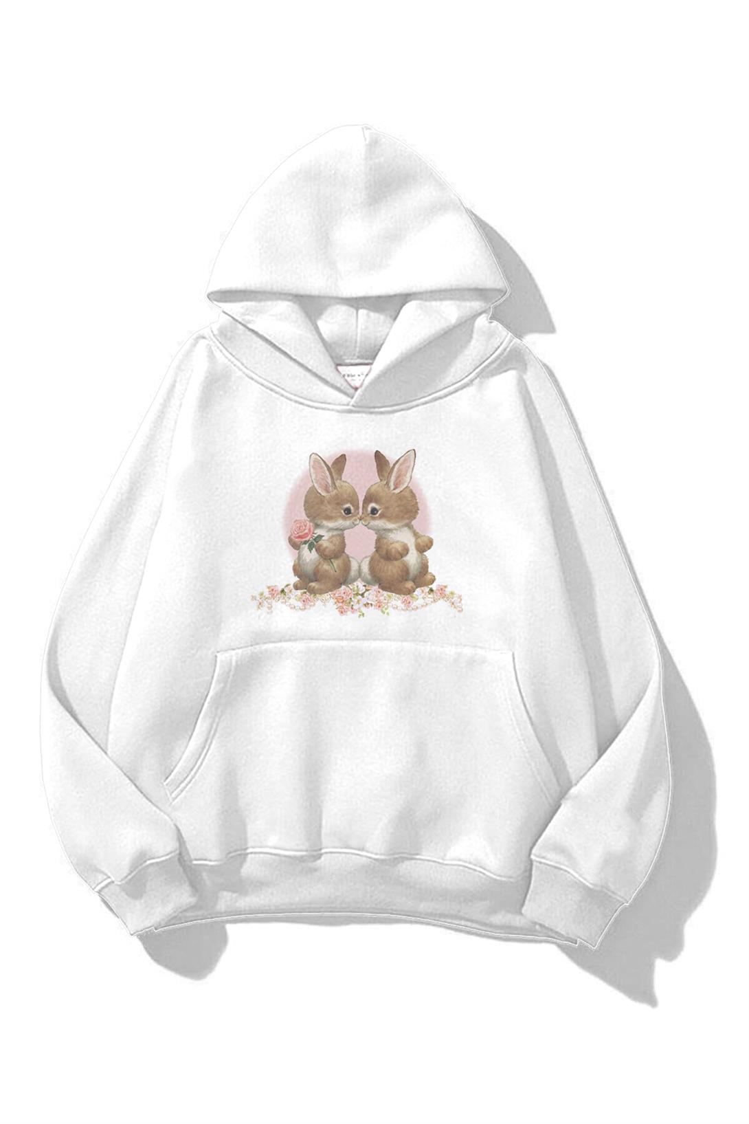 Unisex Two Rabbit with Flower Sweatshirt Beyaz