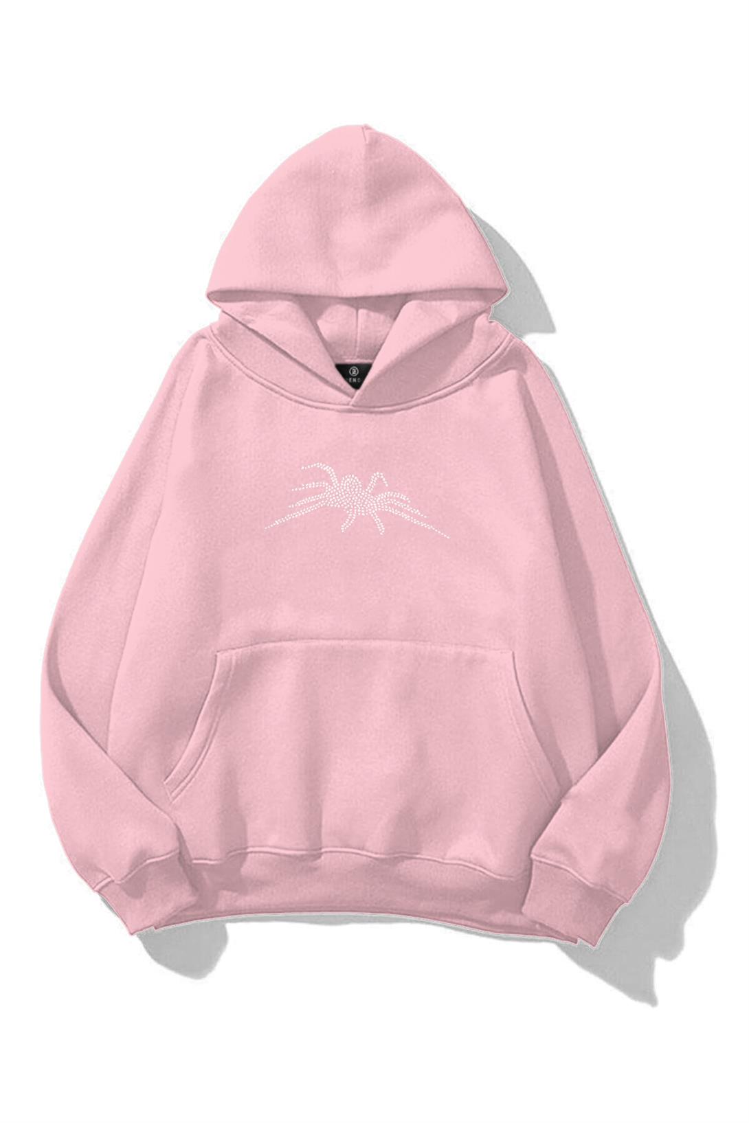 Unisex Vintage Spider Taş Baskılı Sweatshirt Pembe