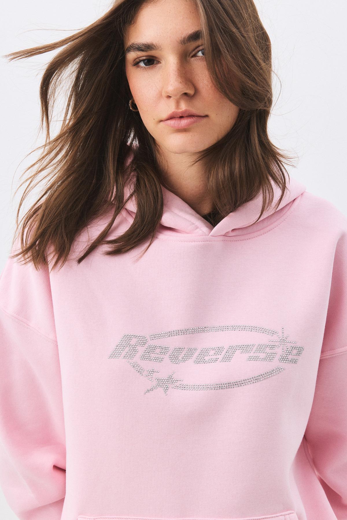 Unisex Reverse Taş Baskılı Sweatshirt Pembe