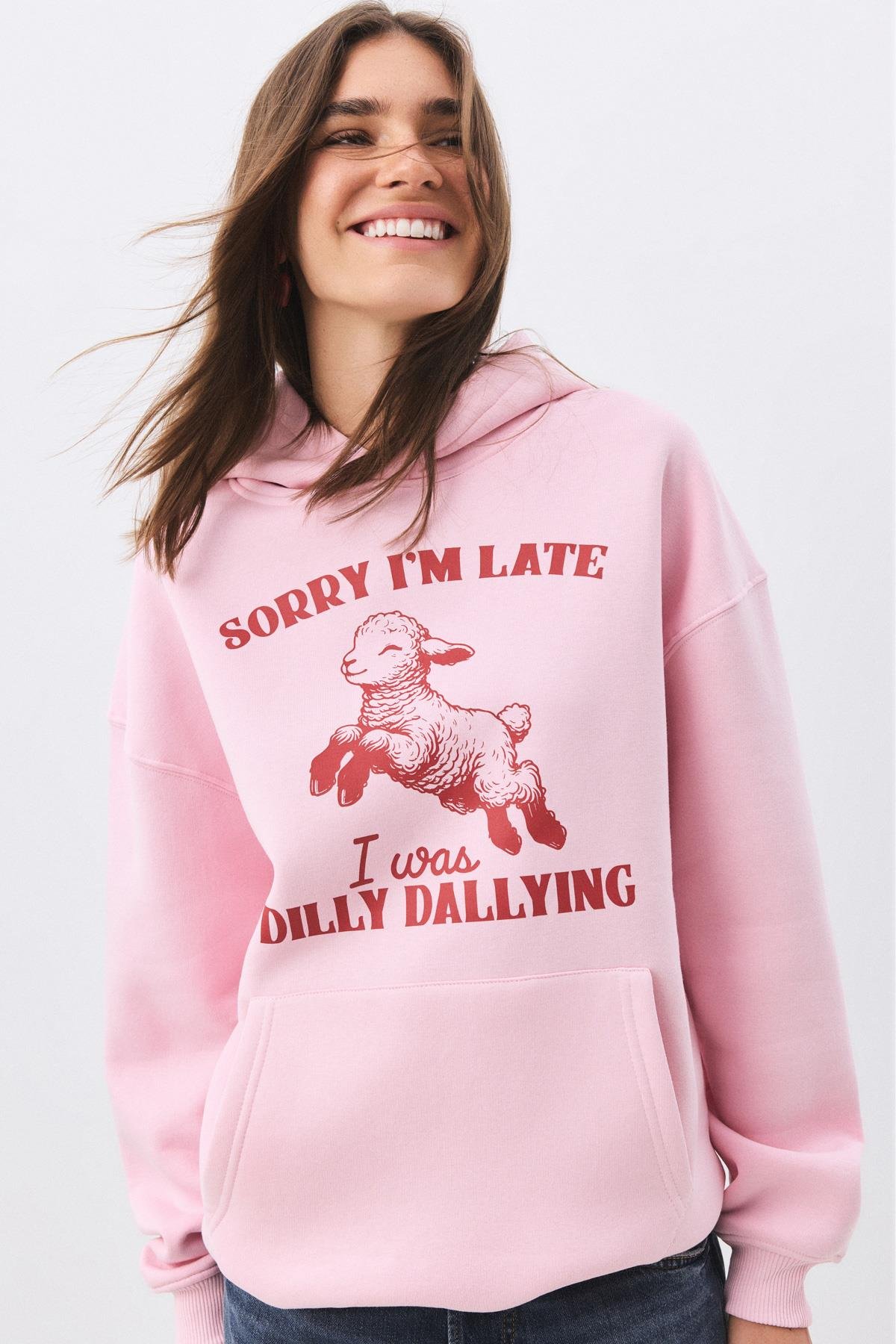 Kadın Sorry I'm Late Sweatshirt Pembe