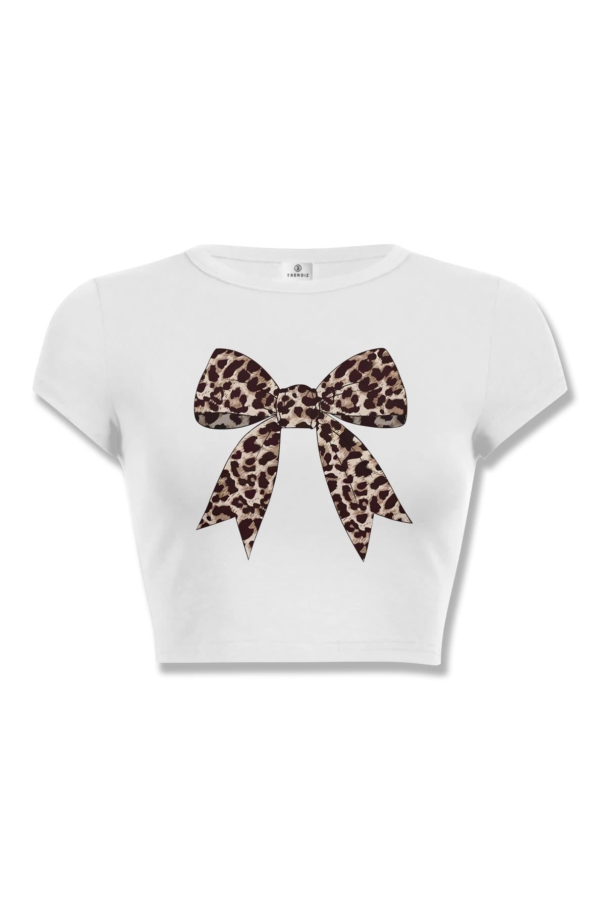 Kadın Leopar Kurdele Crop Beyaz