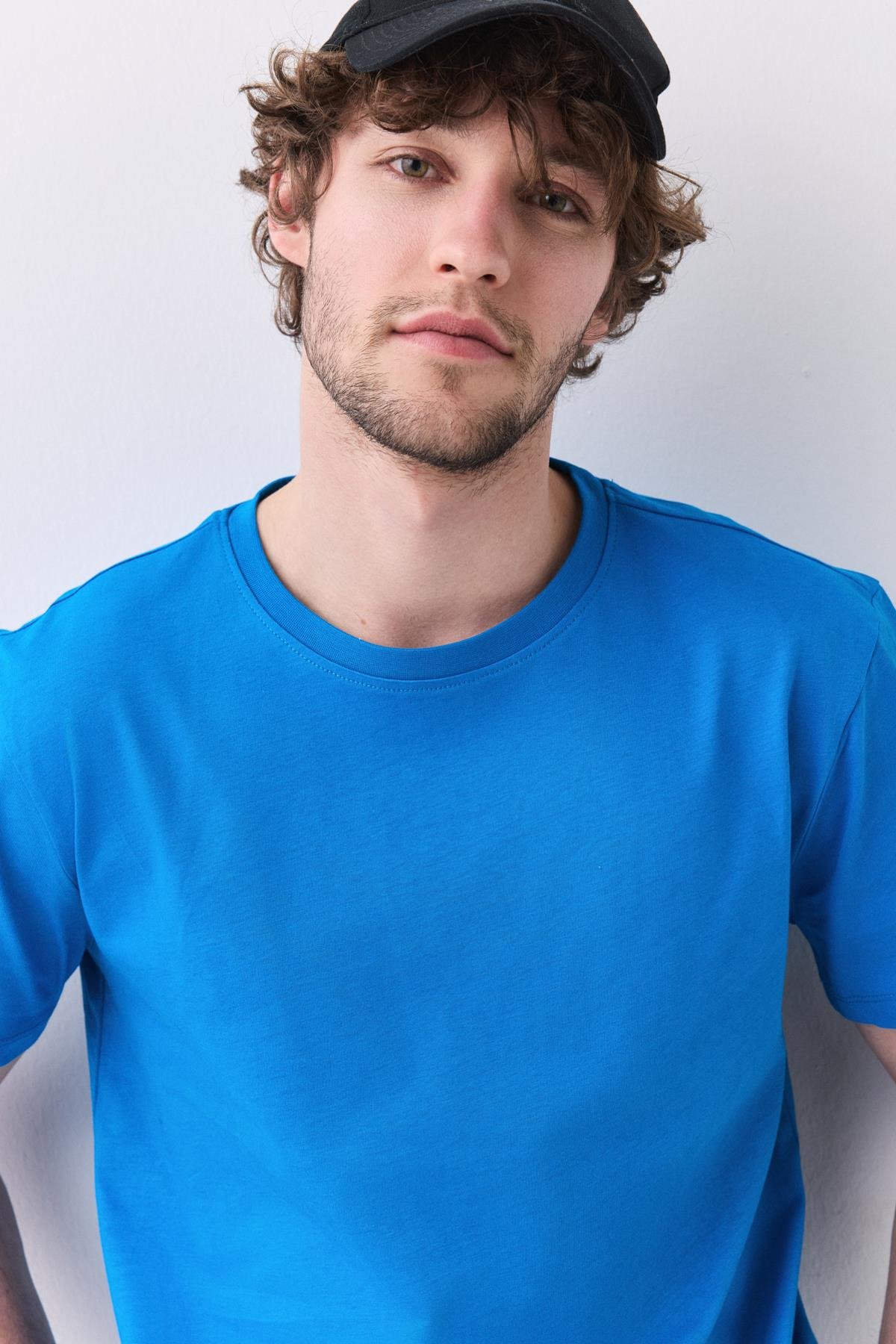 Erkek %100 Pamuk Basic Tshirt Mavi 2091