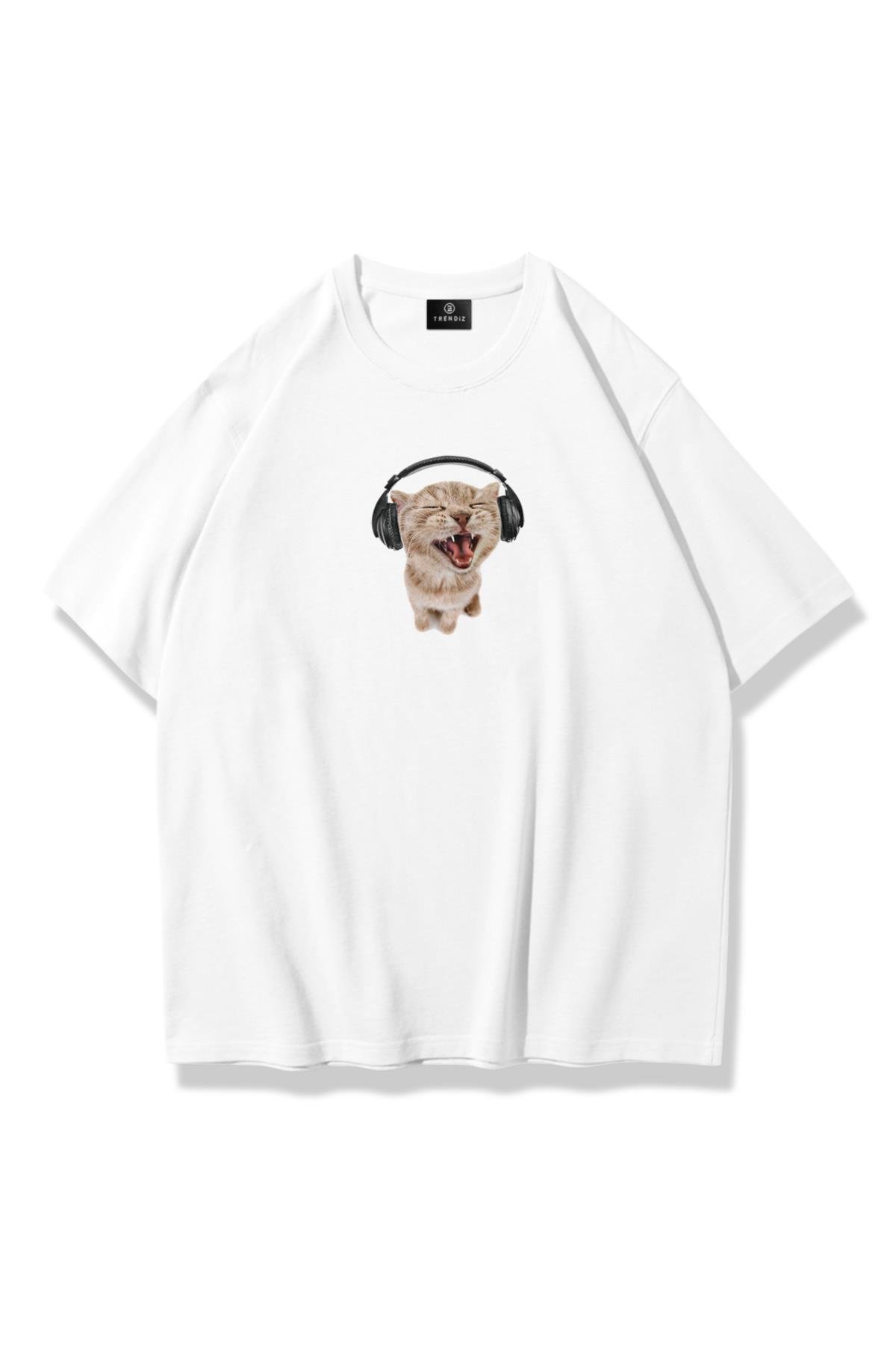 Unisex Kulaklıklı Kedi Tshirt Beyaz