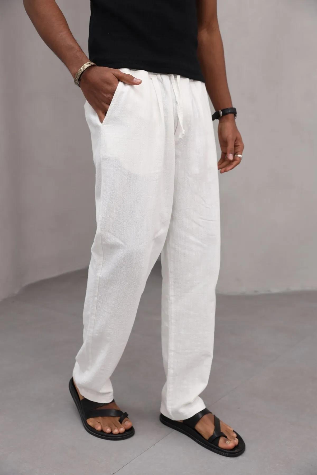 Erkek Premium Rahat Kesim %100 Cotton Bağcıklı Erkek Pantolon Beyaz