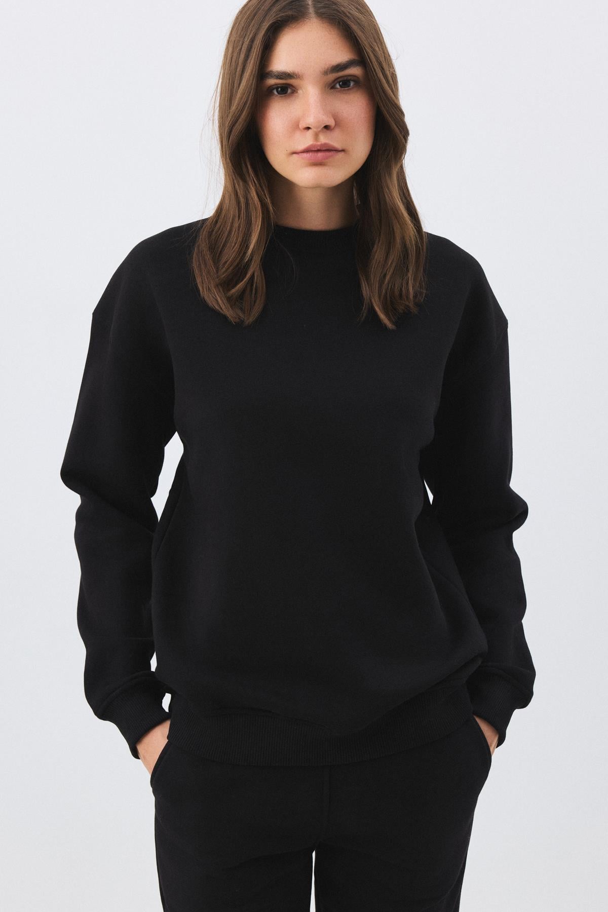 Kadın Premium Bisiklet Yaka Sweatshirt Siyah 2031