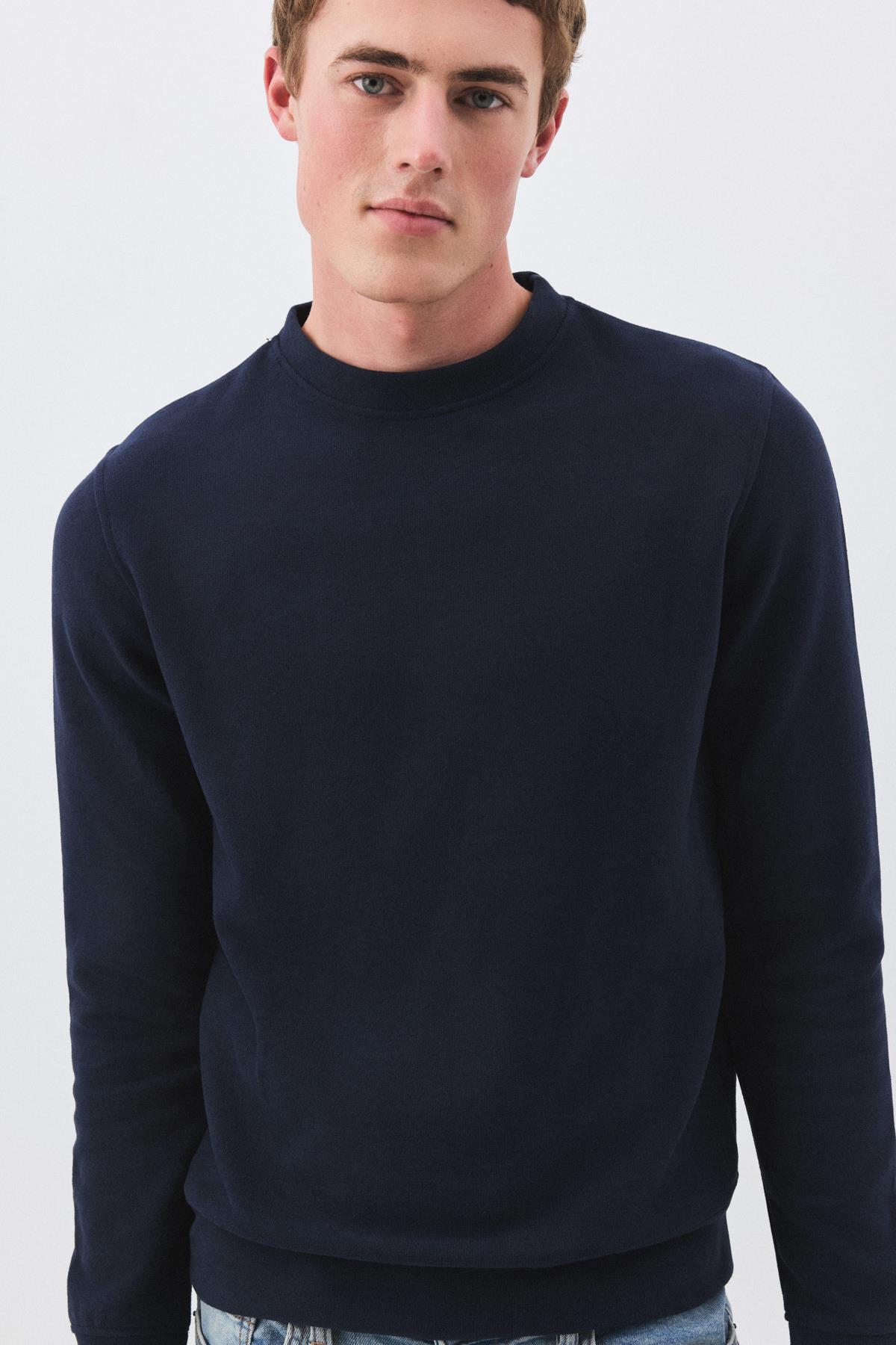 Erkek Slim Fit Pamuklu Selanik Kumaş Bisiklet Yaka Sweatshirt Lacivert