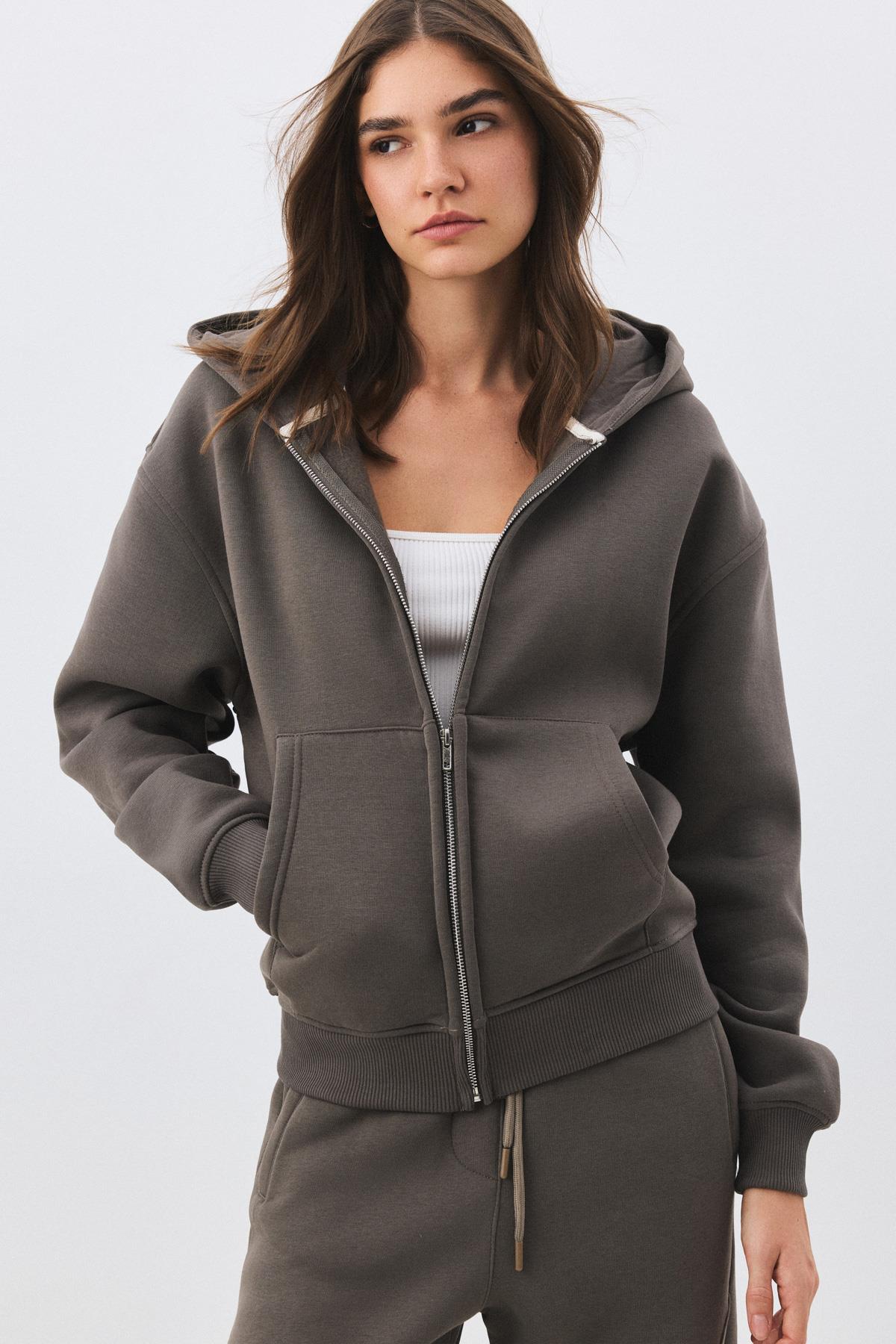 Kadın Premium Fermuarlı Kapşonlu Sweatshirt Antrasit 2032