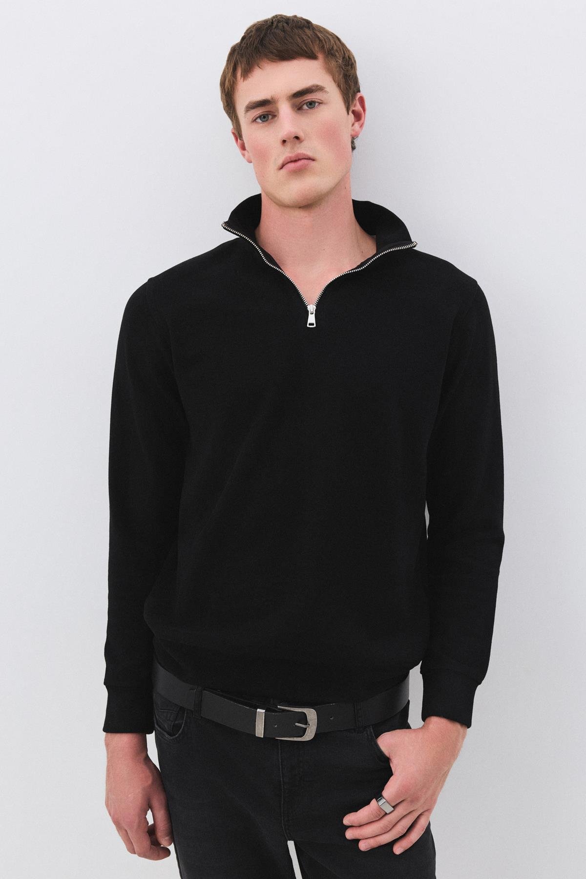 Erkek Standart Fit Pamuklu Selanik Kumaş Yarım Fermuarlı Dik Yaka Sweatshirt Siyah