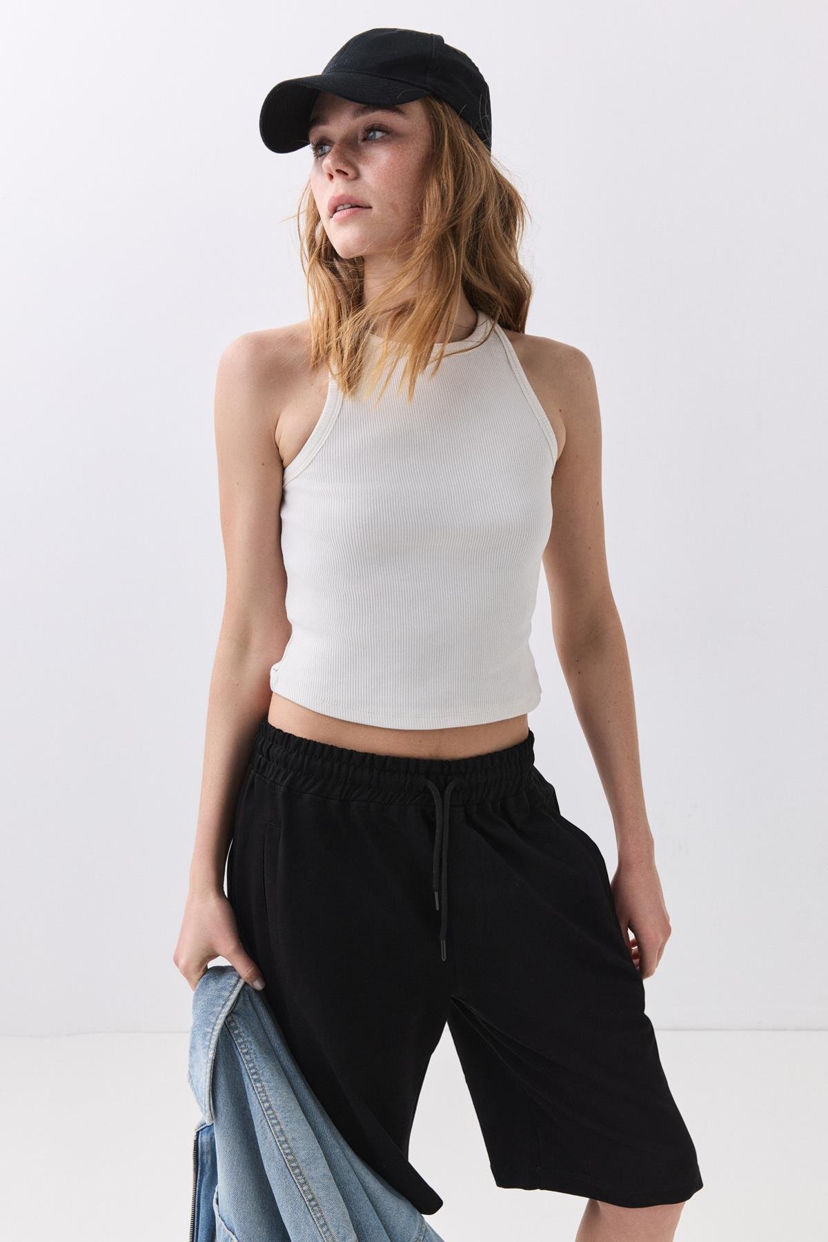 Kadın Bisiklet Yaka Örme Atlet Beyaz 9016