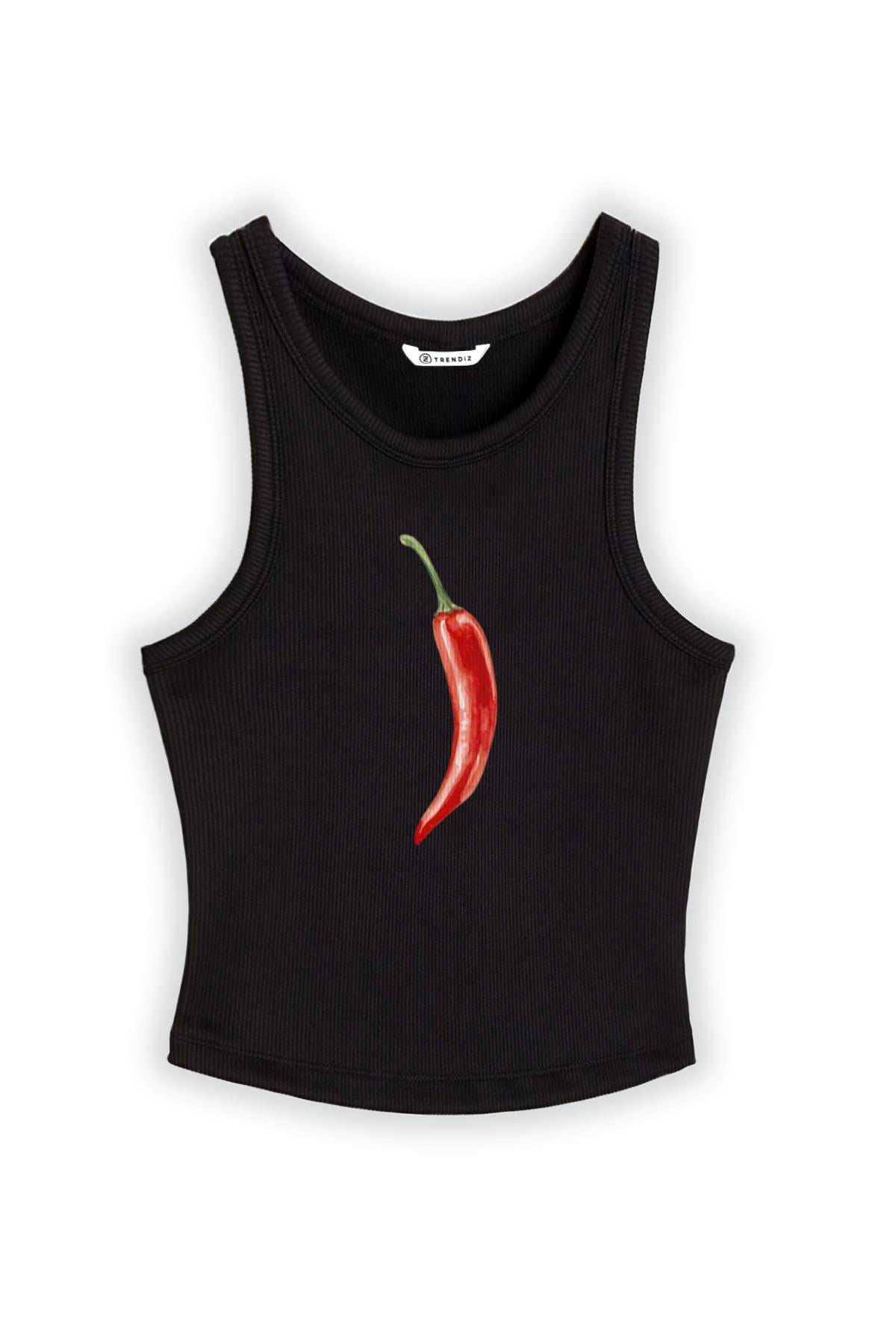 Kadın Chili Pepper Askılı Atlet Siyah 9013