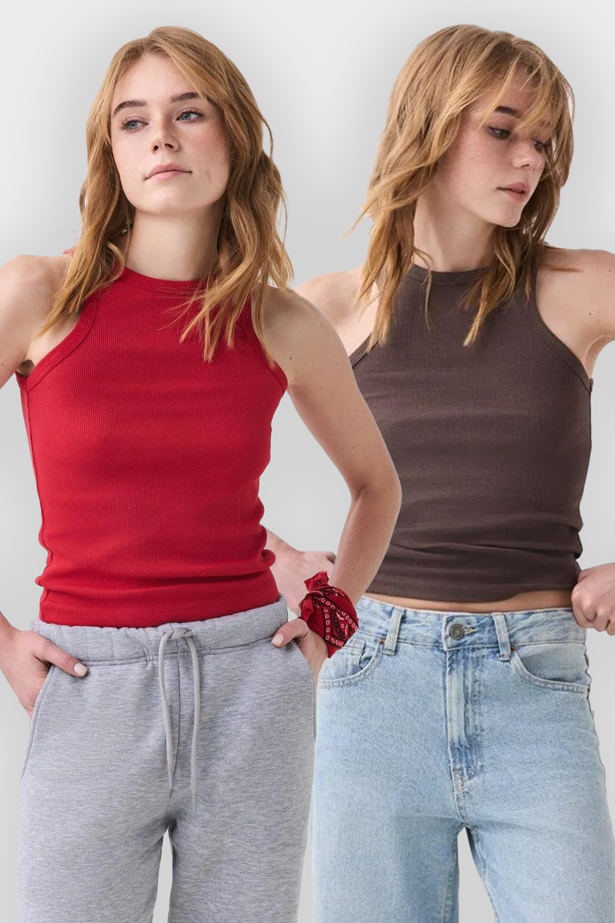 Kadın Pamuklu Askılı Halter Yaka Basic Atlet 2 li Paket Kahve Kırmızı 9011