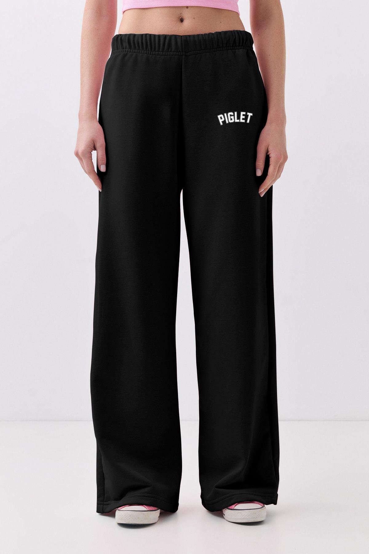 Kadın 101 Piglet Yazılı Bol Paça Eşofman Altı Siyah 