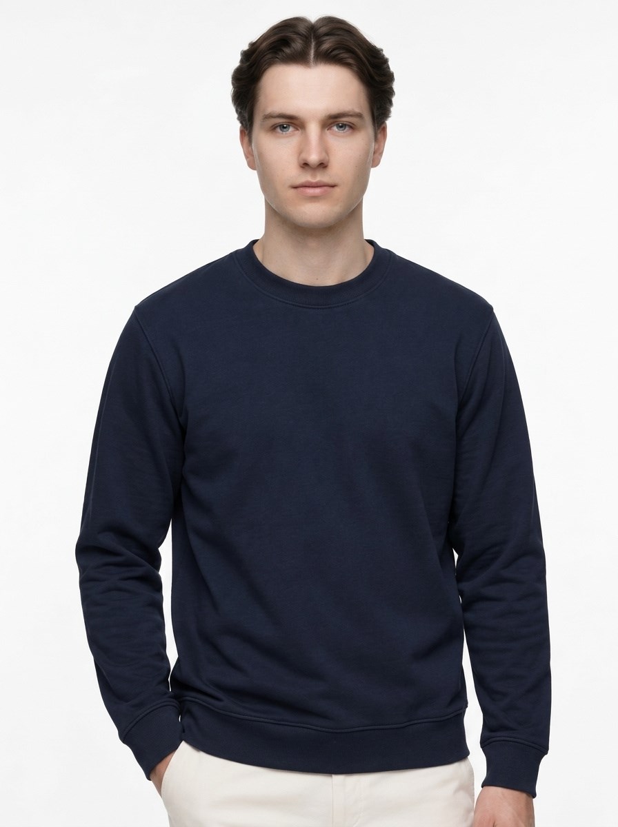 Erkek Standart Fit Normal Kesim 2 İplik Bisiklet Yaka Sweatshirt Lacivert