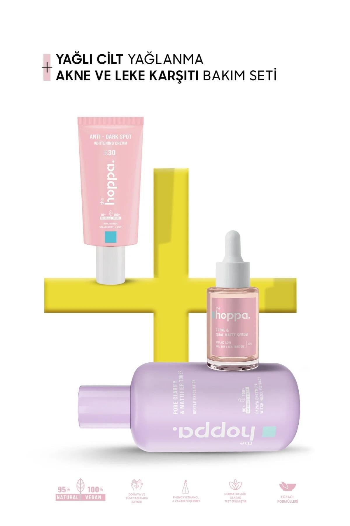 Hoppa Yağlı Ciltler İçin Yağlanma, Akne ve Leke Karşıtı Bakım Seti, Tonik + Serum + Leke Kremi SPF30