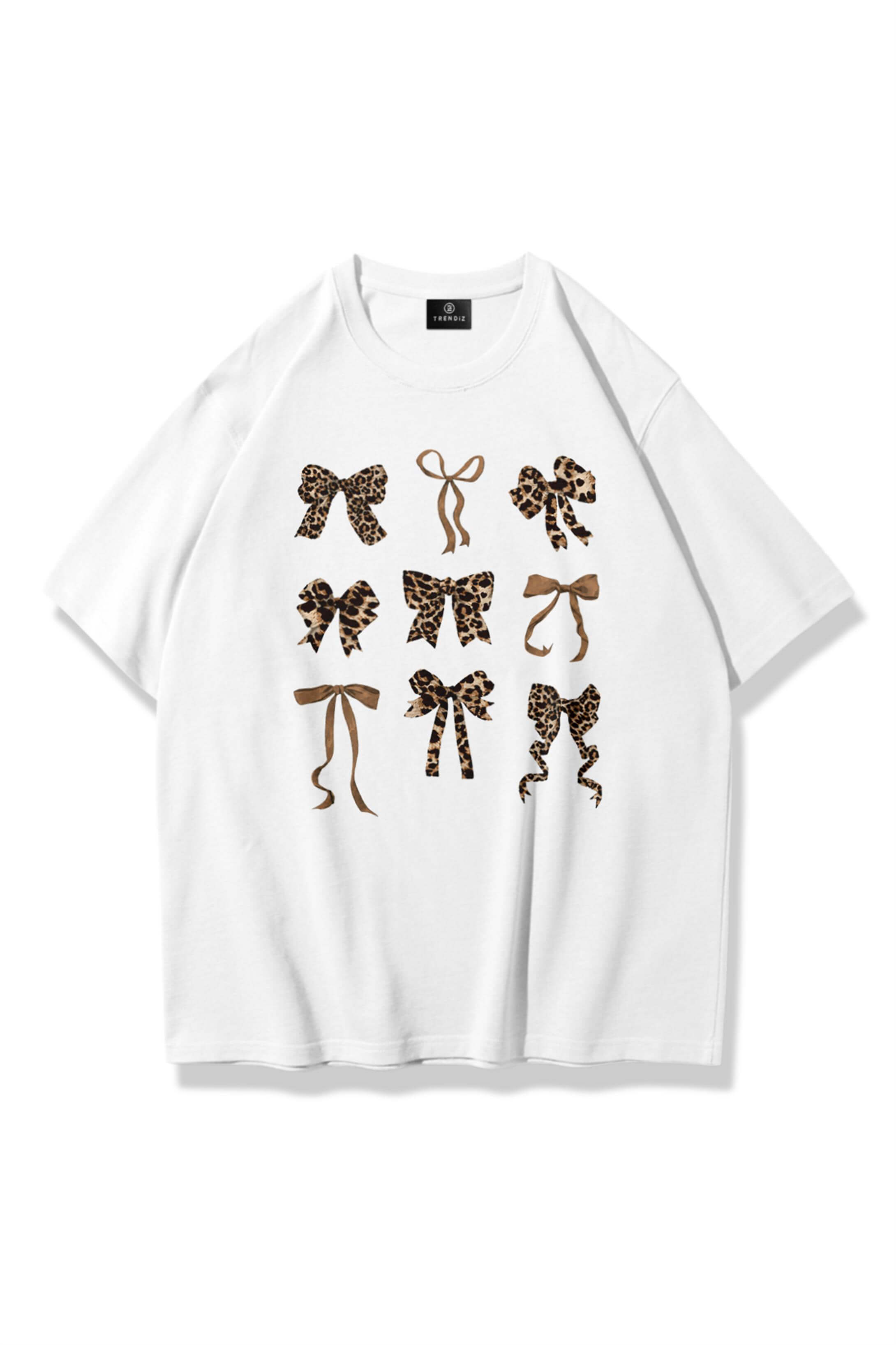 Unisex Leopar Kurdele Karışık Tshirt Beyaz