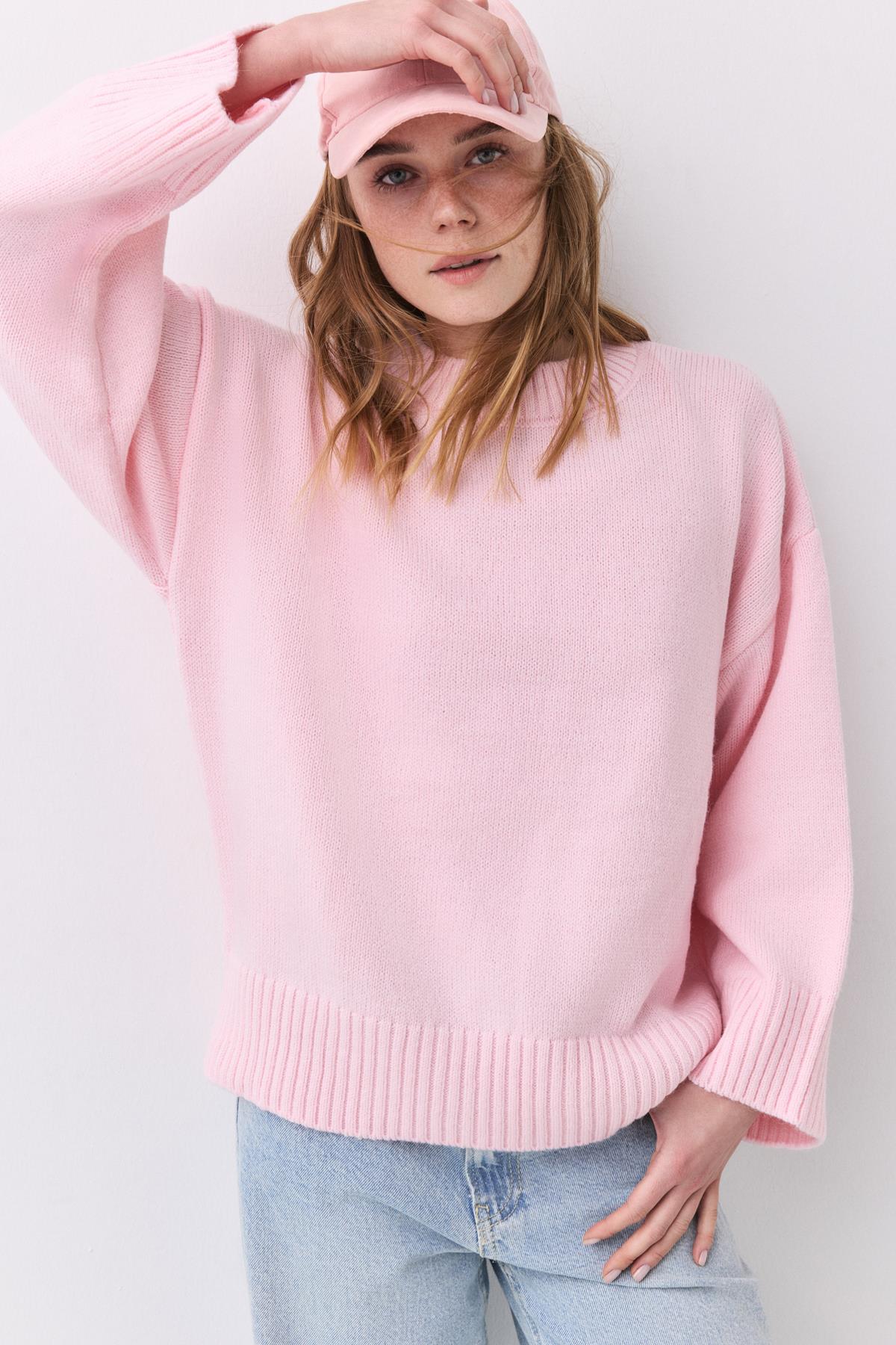 Kadın Bisiklet Yaka Oversize Triko Pembe 1011