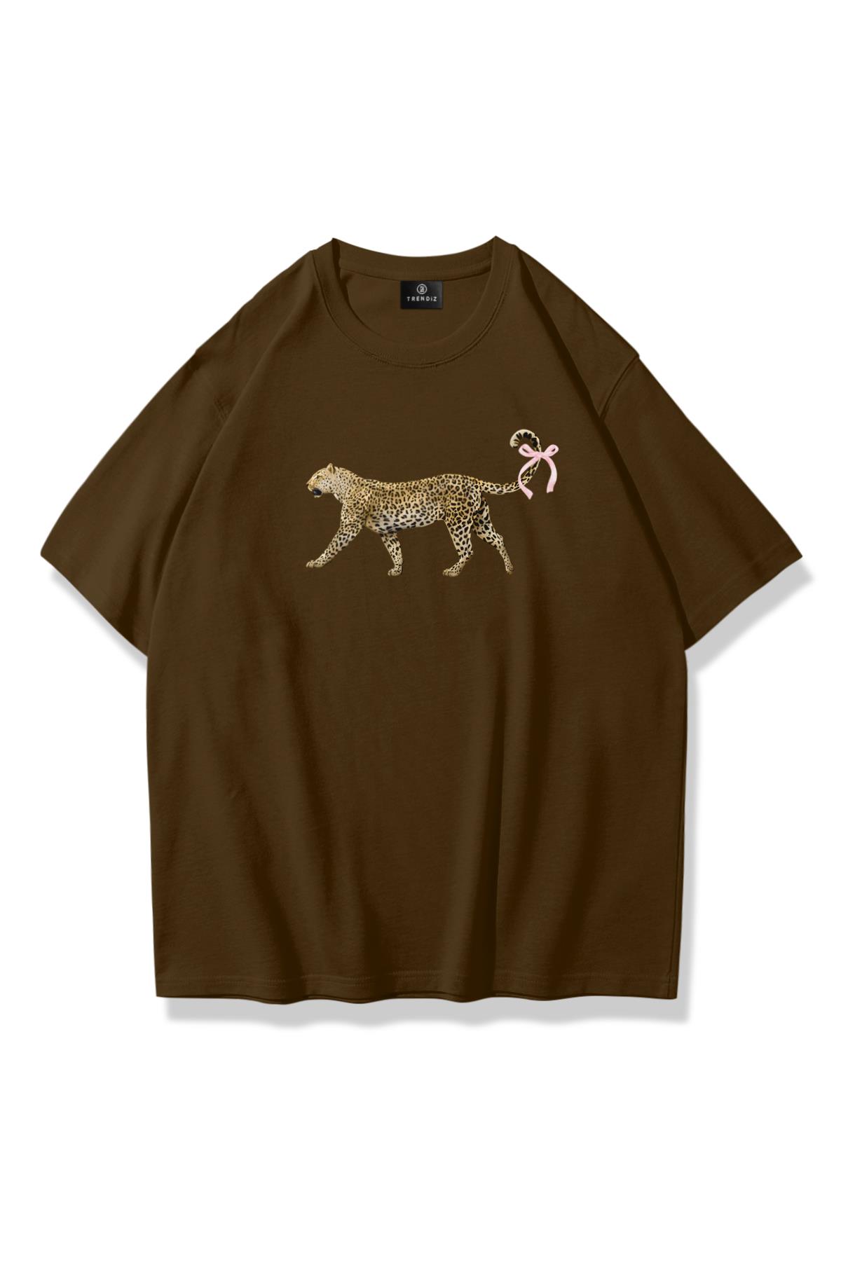 Kadın Leopar Kuyruk Kurdele Tshirt Kahverengi