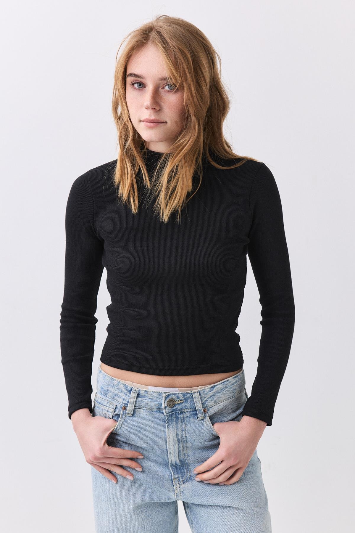 Kadın Balıkçı Yaka Uzun Kollu Bluz Siyah 9021