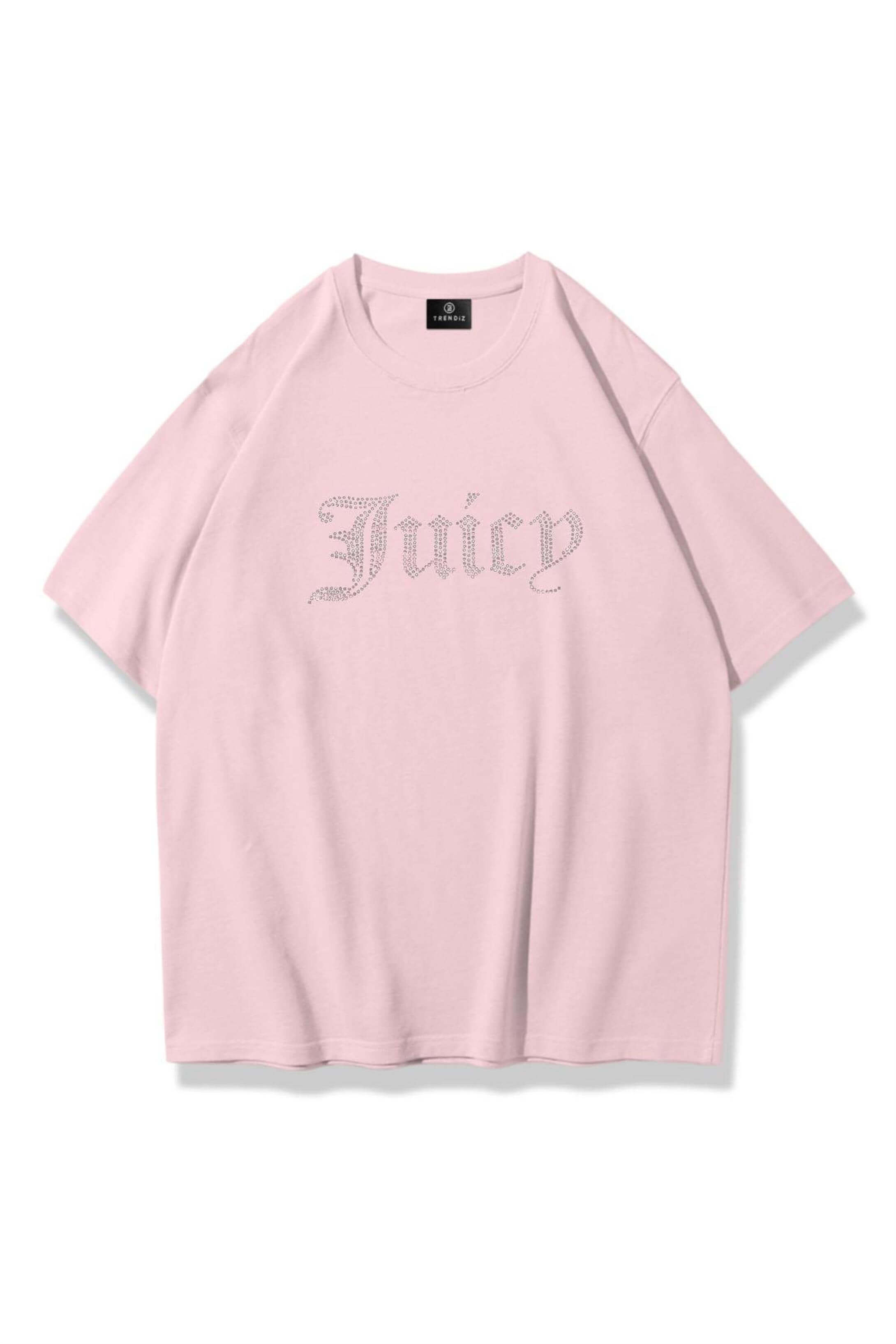 Unisex Juiciy Taş Baskılı Tshirt Pembe