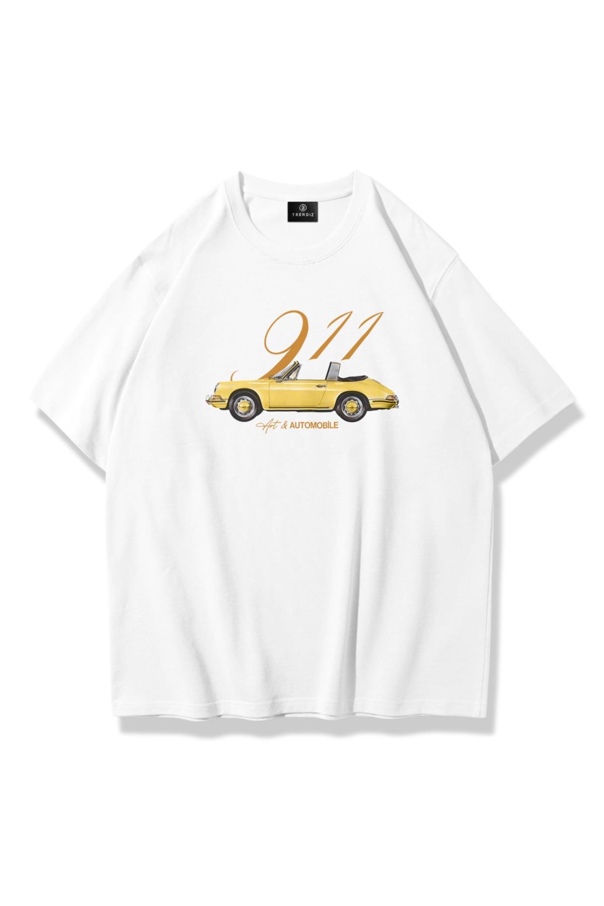 Unisex 911 Art and Automobile Tshirt Beyaz