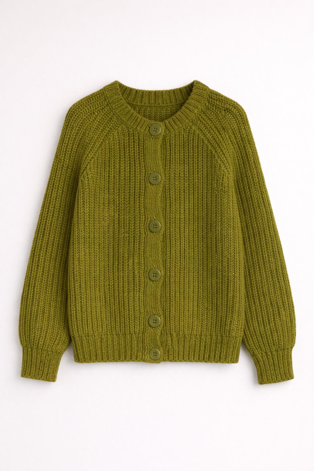 Kadın Yün Karışımlı Düğmeli Triko Hırka Yeşil 