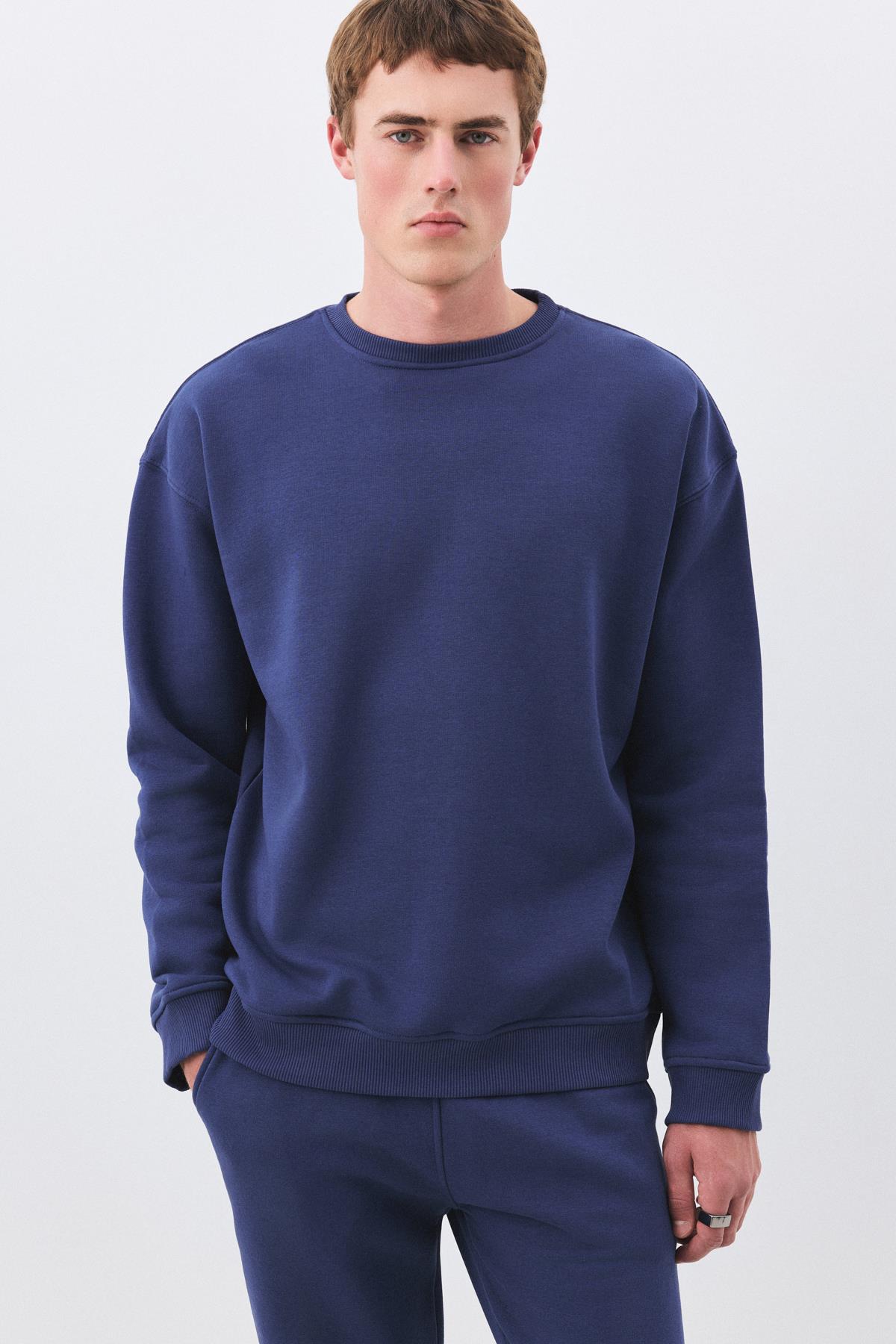 Erkek Premium Bisiklet Yaka Sweatshirt İndigo 2031