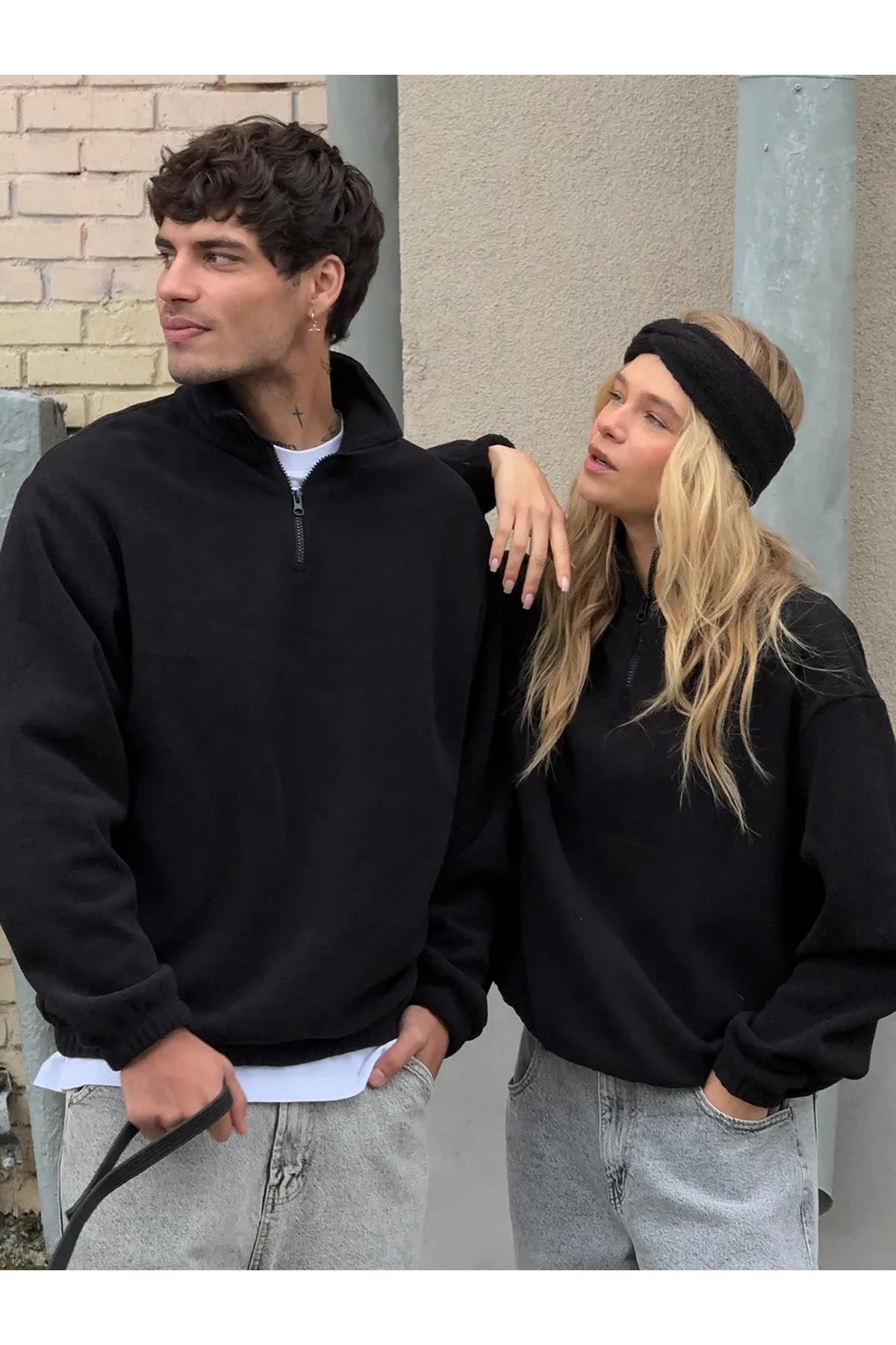Unisex Relaxed Fit Yarım Fermuarlı Dik Yaka Sweatshirt Siyah 2052