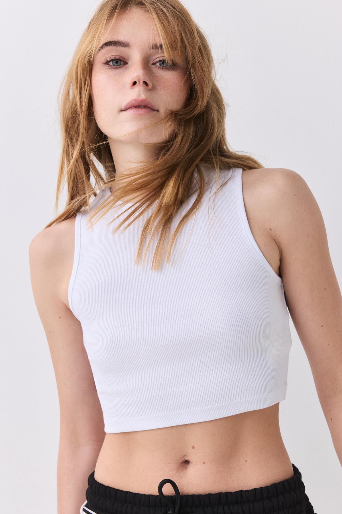 Kadın Pamuklu Fitilli Esnek Kumaşlı Crop Bluz Beyaz 9014