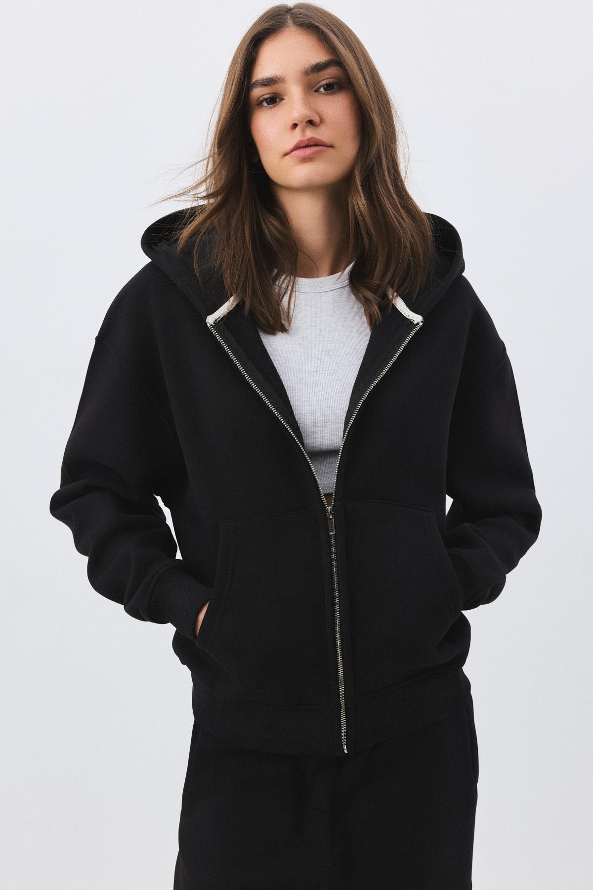 Kadın Premium Fermuarlı Kapşonlu Sweatshirt Siyah 2032