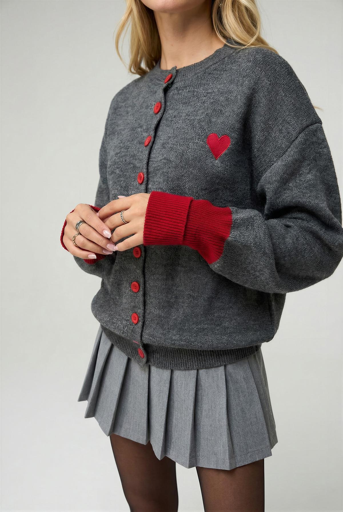 Kadın Bordo Kol Detaylı Düğmeli Hırka Kazak Antrasit