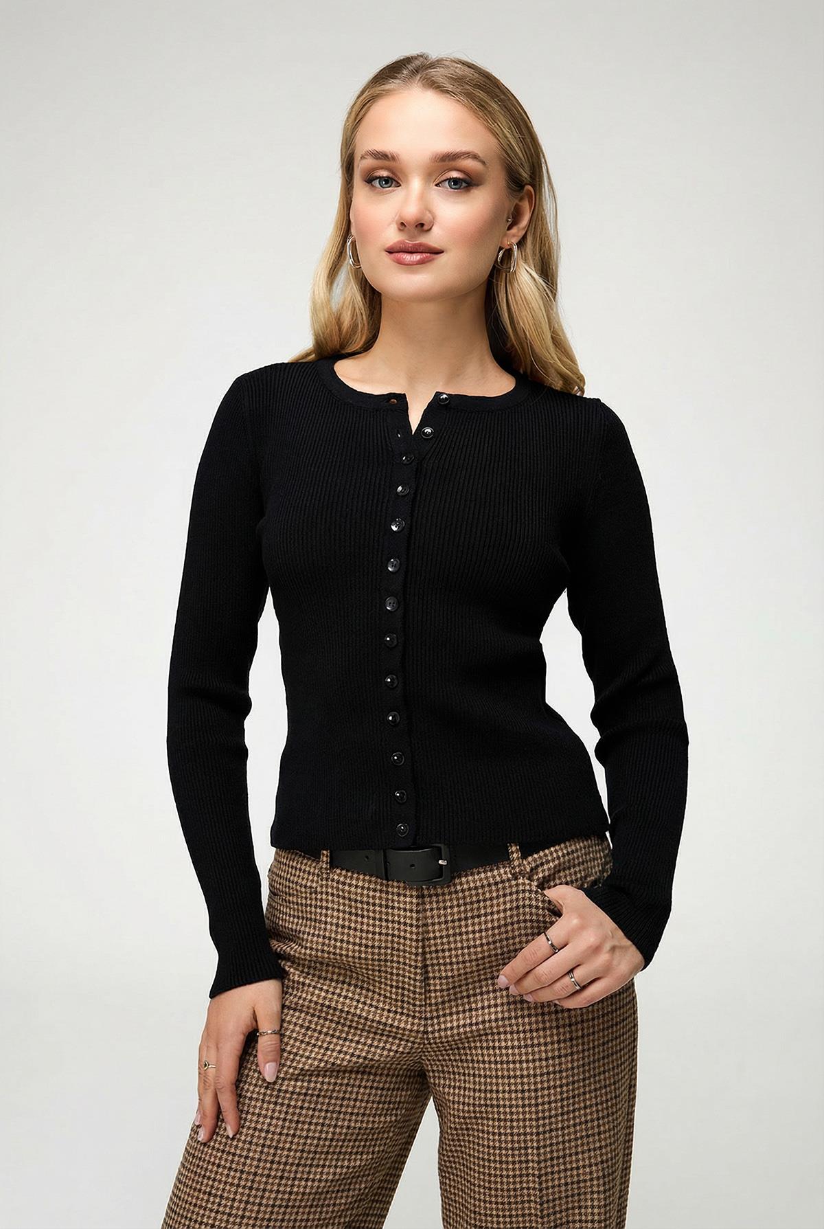 Kadın Düğmeli Fitilli Triko Hırka Siyah 6931 