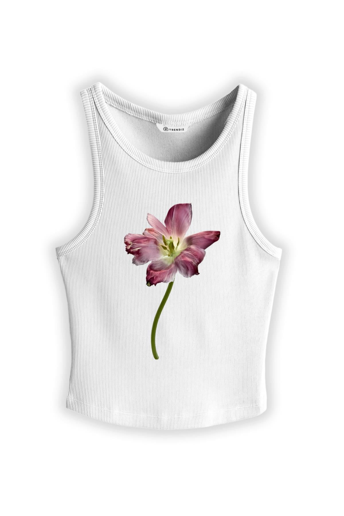 Kadın Purple Flower Askılı Atlet Beyaz 9013