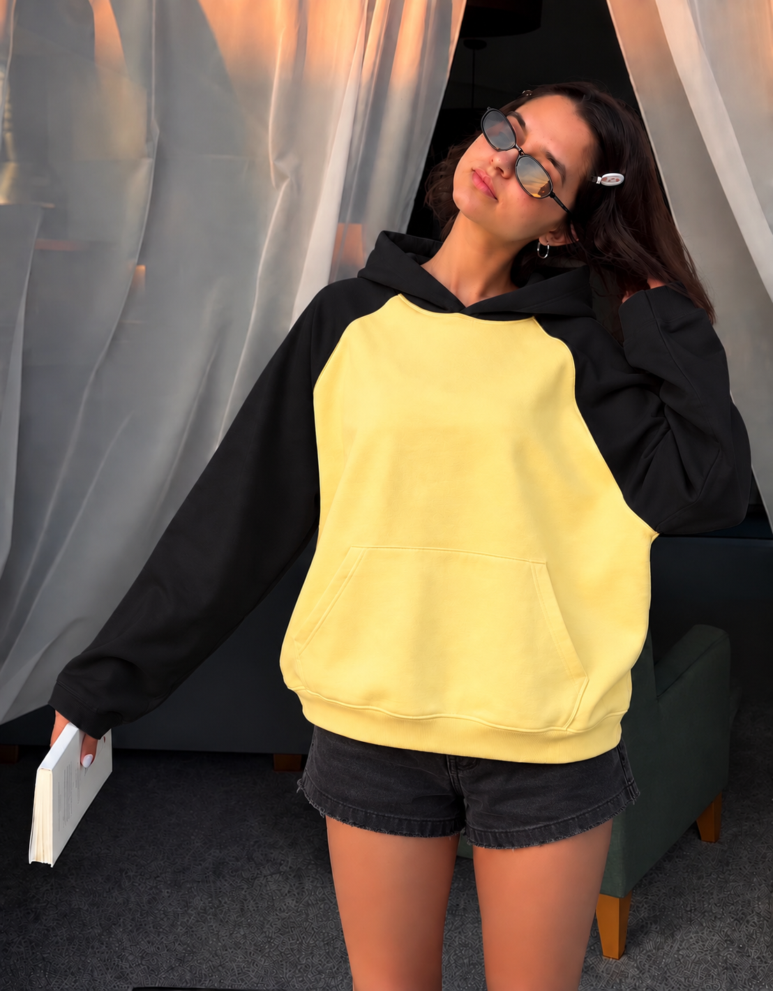 Kadın Reglan Kol Sweatshırt Sarı Siyah 