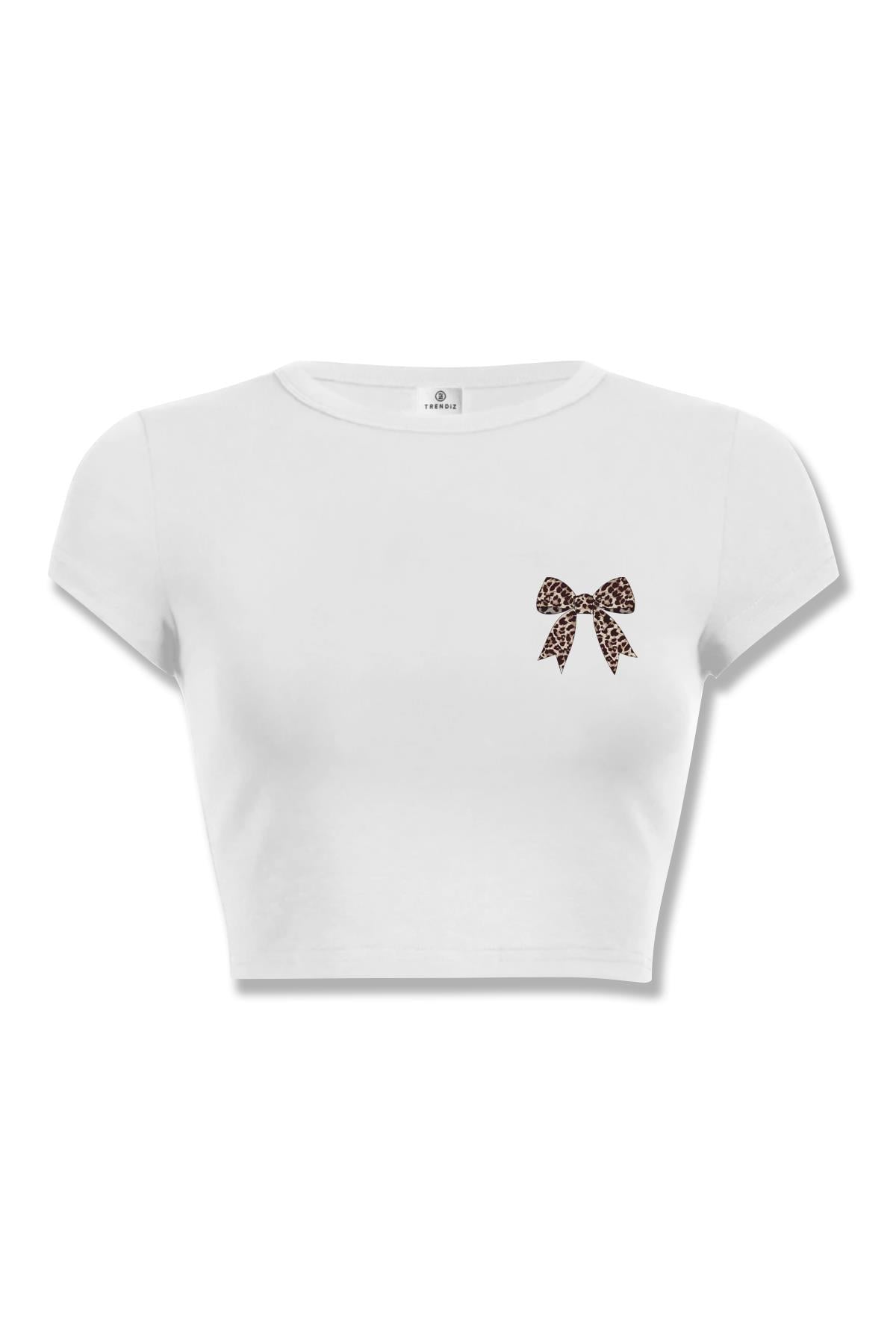 Kadın Leopar Kurdele Göğüs Crop Beyaz