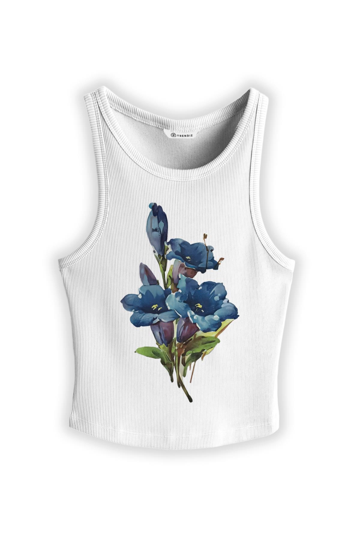 Kadın Blue Flowers Askılı Atlet Beyaz 9013