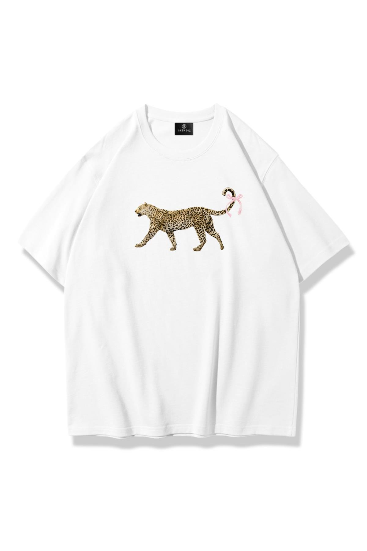 Kadın Leopar Kuyruk Kurdele Tshirt Beyaz
