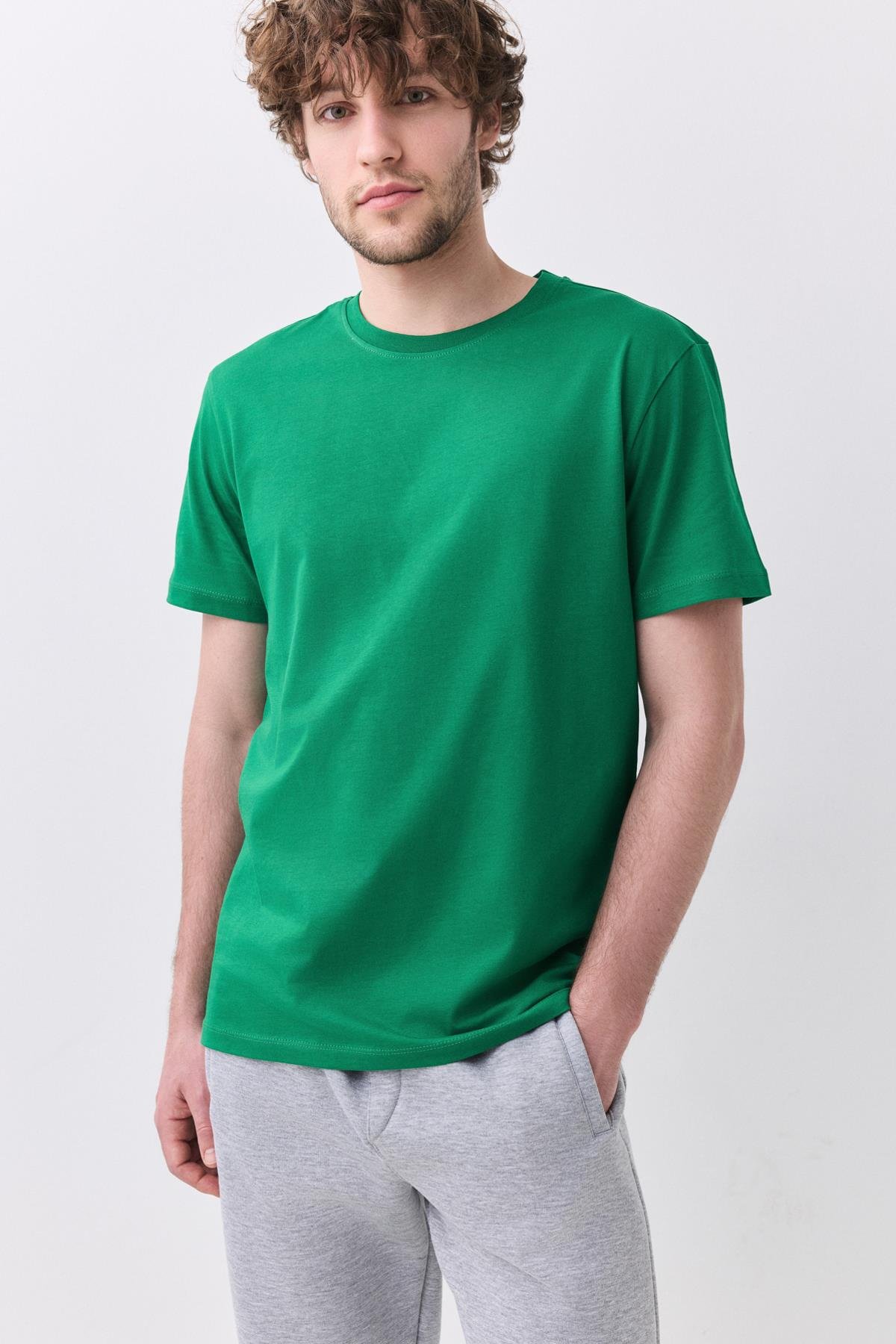 Erkek %100 Pamuk Basic Tshirt Yeşil 2091