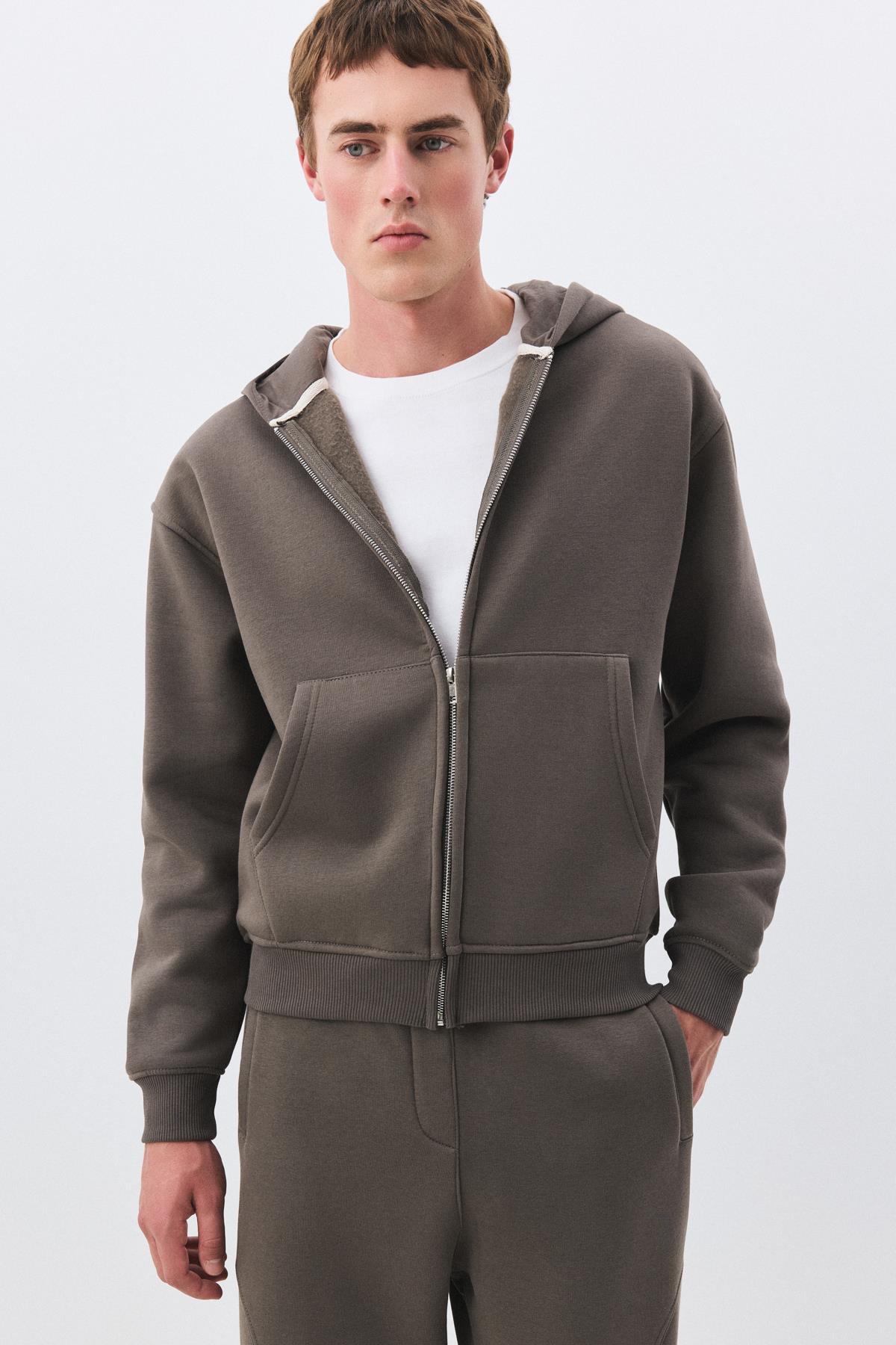 Erkek Premium Fermuarlı Kapşonlu Sweatshirt Antrasit 2032