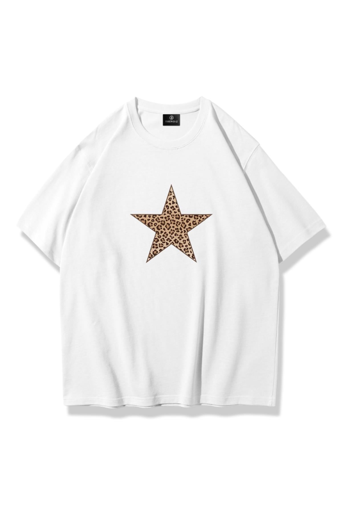 Kadın Leopar Yıldız Tshirt Beyaz
