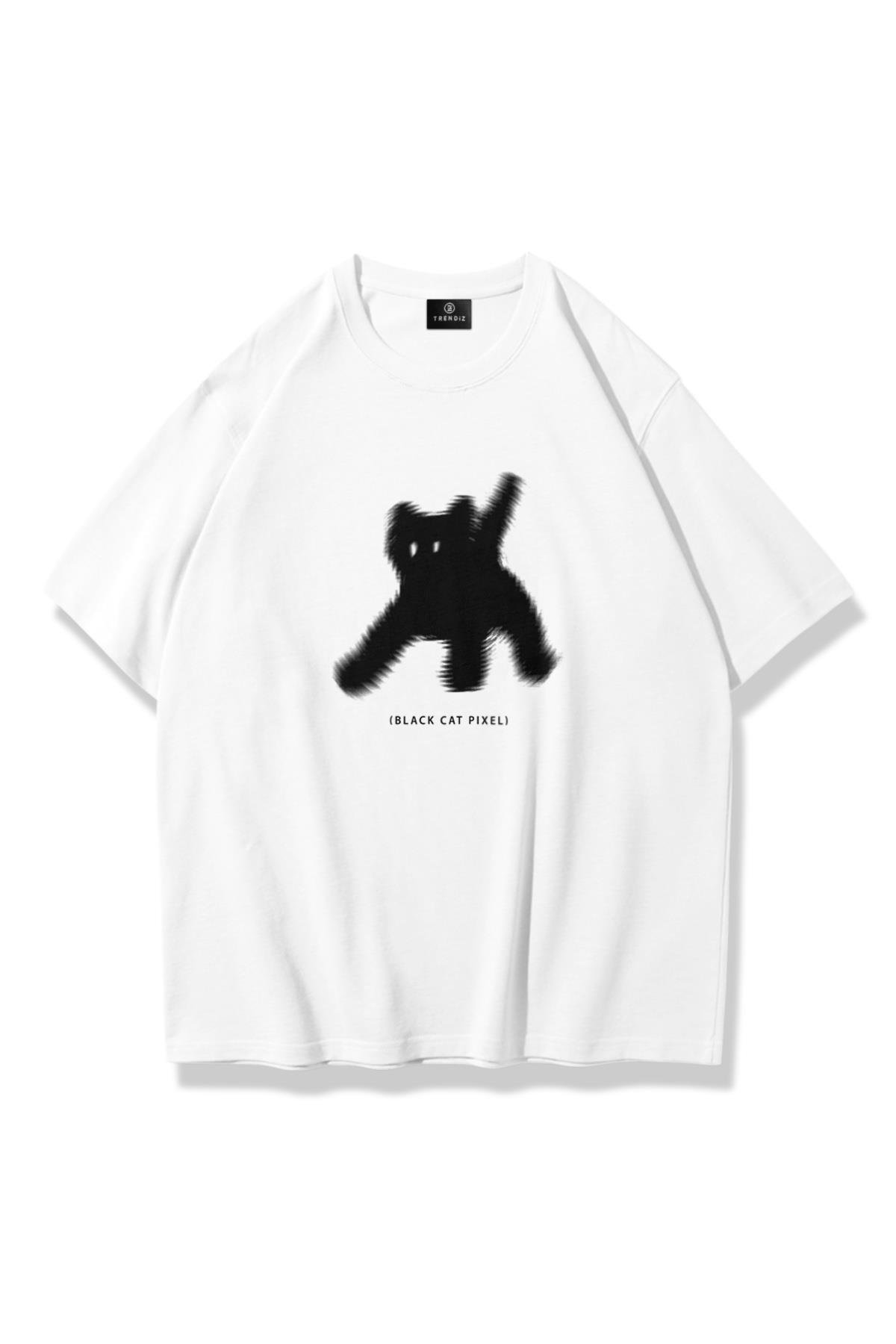 Unisex Black Cat Pixel Tshirt Beyaz